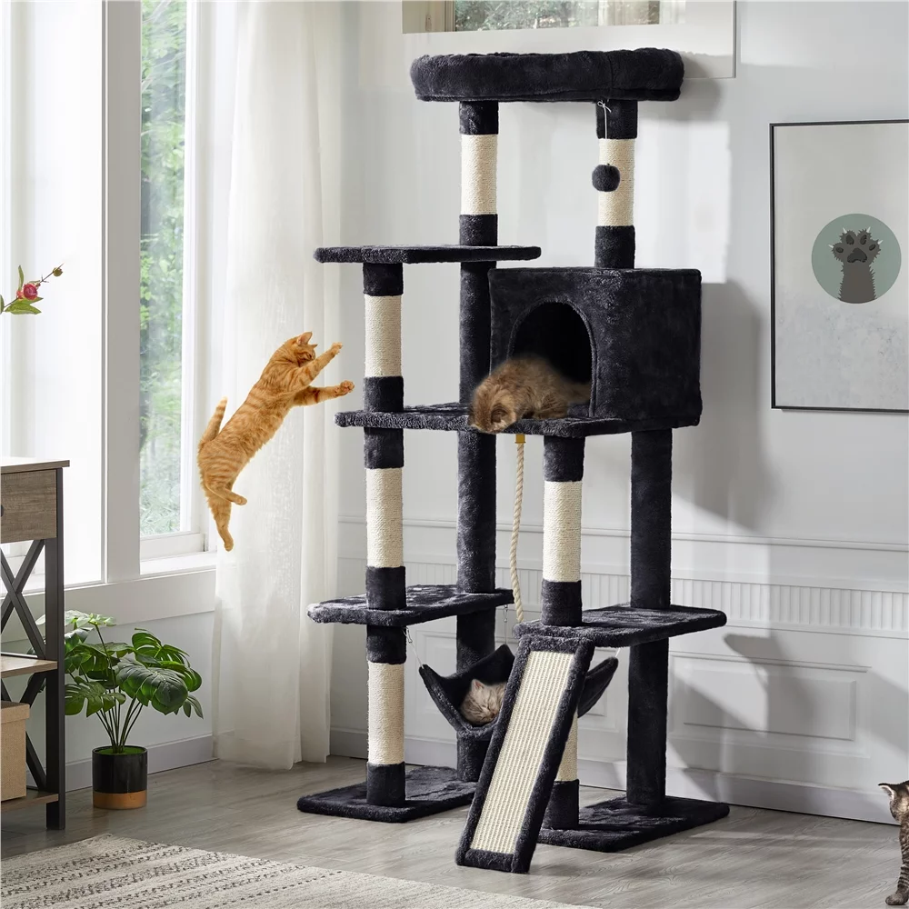 Easyfashion Multilevel 63inch Cat Tree Tower for Kitchens, Black - Curated Treasures Market