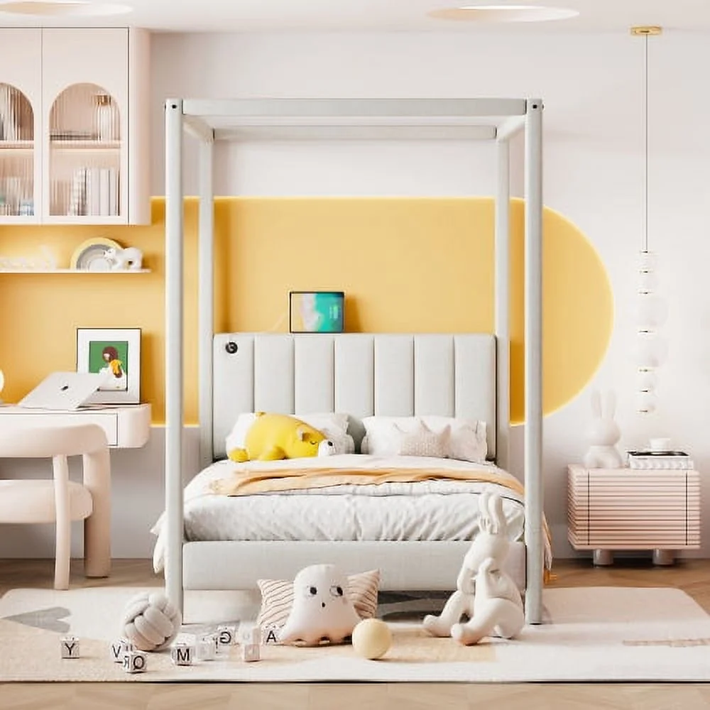 ZJbiubiuHome Queen Size Canopy Platform Bed with USB and Type-C Ports  Canvas  Beige - Curated Treasures Market