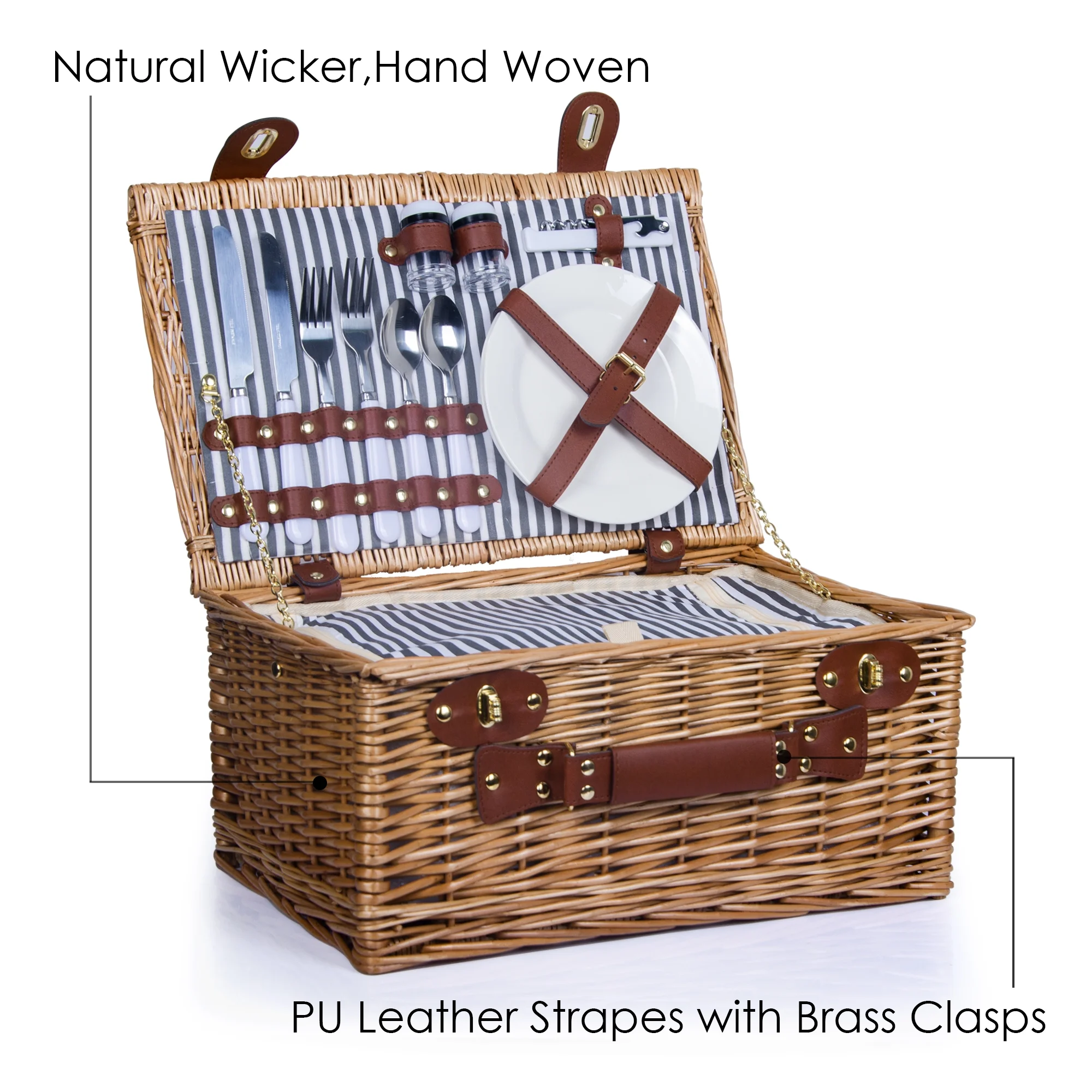 Wicker Picnic Basket Set for 2 Persons Large Willow Hamper with Insulated Cooler Compartment and Cutlery Service Kit, Classic Stripe Grey - Curated Treasures Market