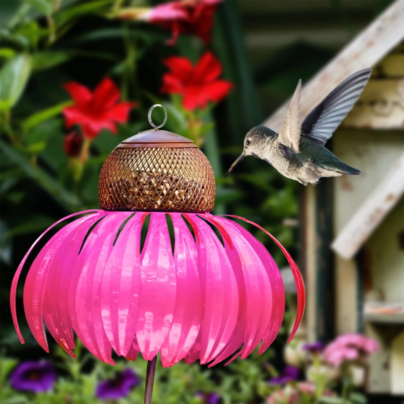 MOQIN Outdoor Patio Decorative Metal Bird Feeder, red Cone and Sunflower Stand Bird Feeder, Outdoor Garden Water Proof Bird Feeder idea as a Gift to Bird Lovers - Curated Treasures Market