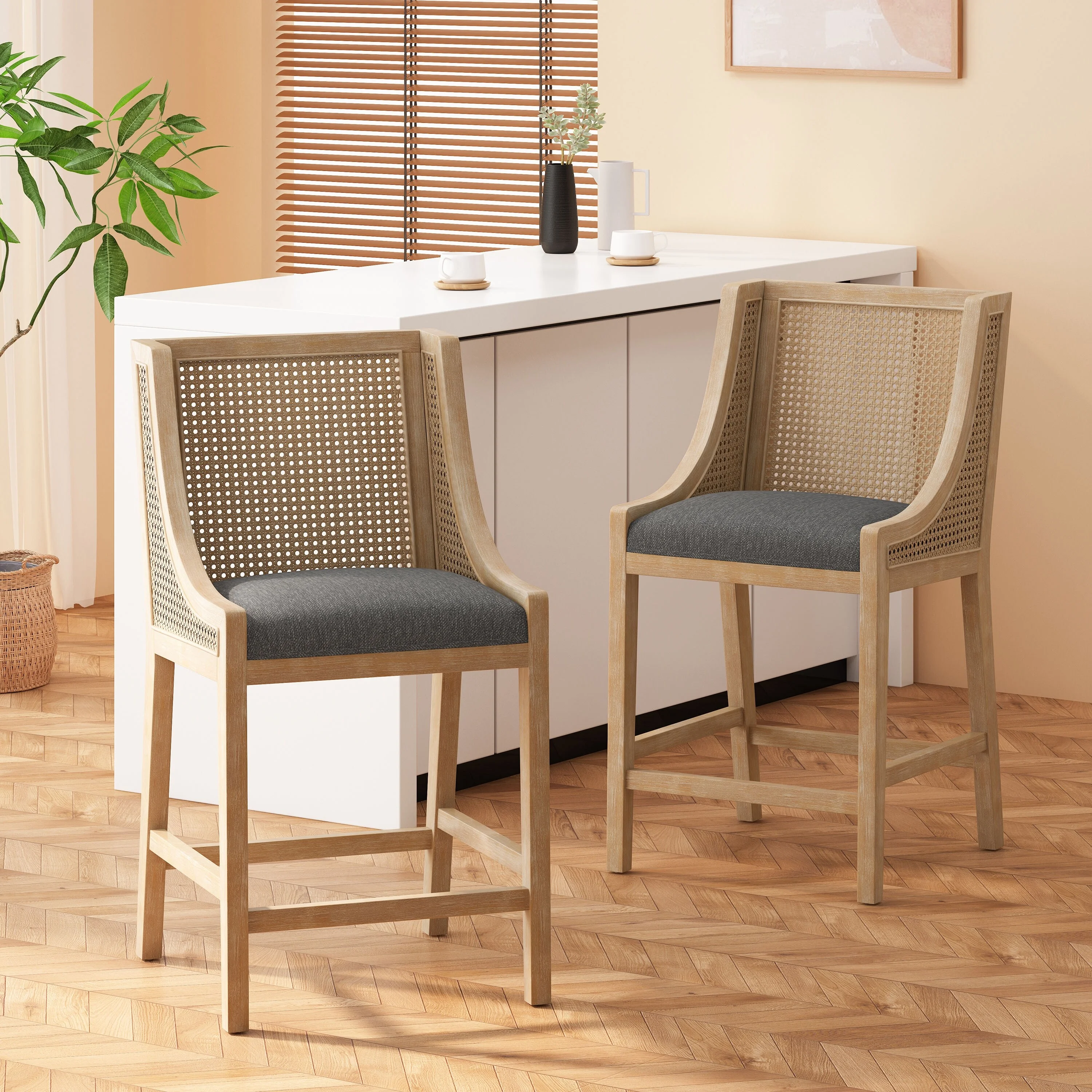 Christopher Knight Home Cataldo Fabric Upholstered Wood and Cane 25.5 inch Counter Stools (Set of 2) by  Beige - Curated Treasures Market