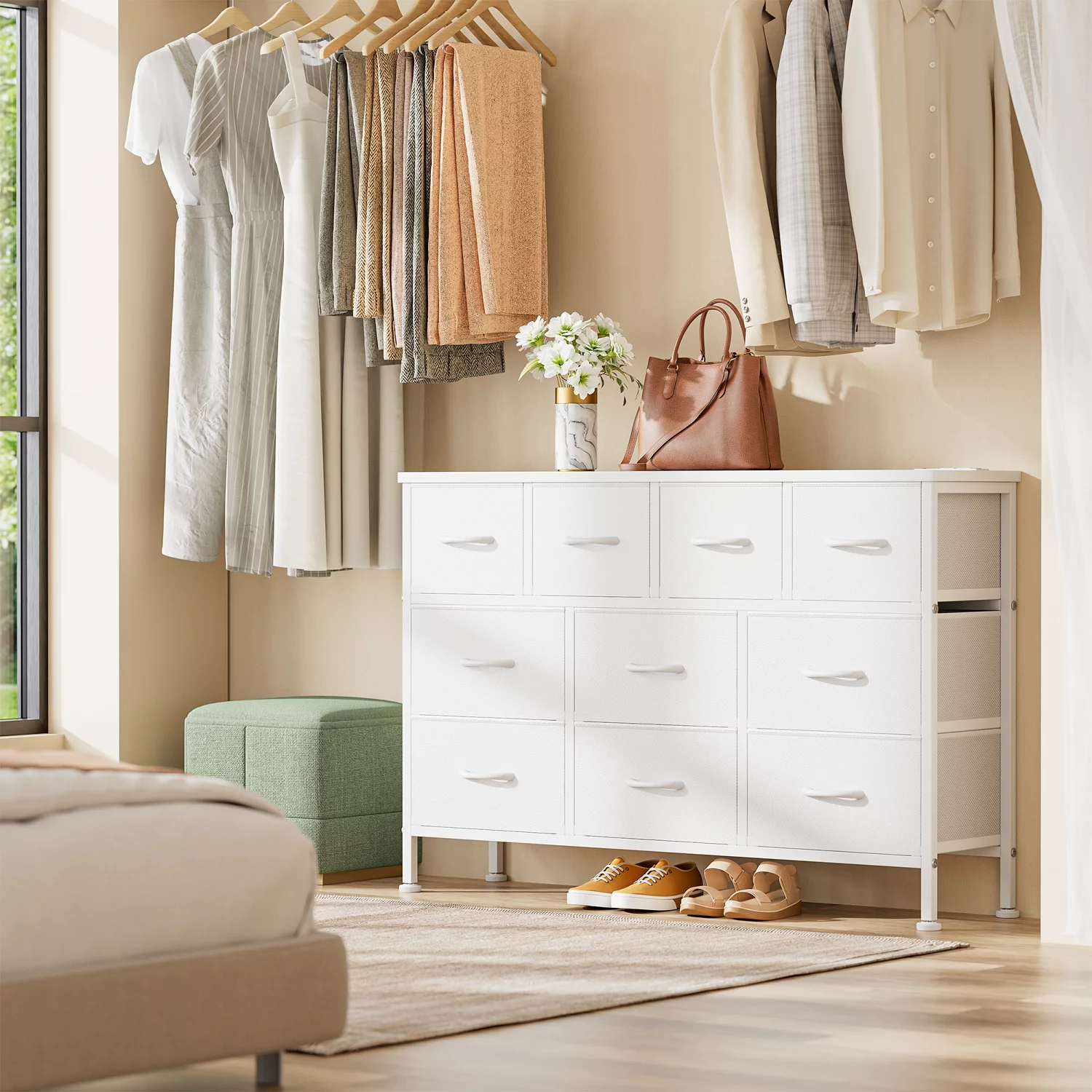 GIKPAL Dresser TV Stand, 10 Drawer Dresser for Bedroom with Power Outlet, Chest of Drawers for 55 Long TV, Fabric Dresser for Storage and Organization, Brown