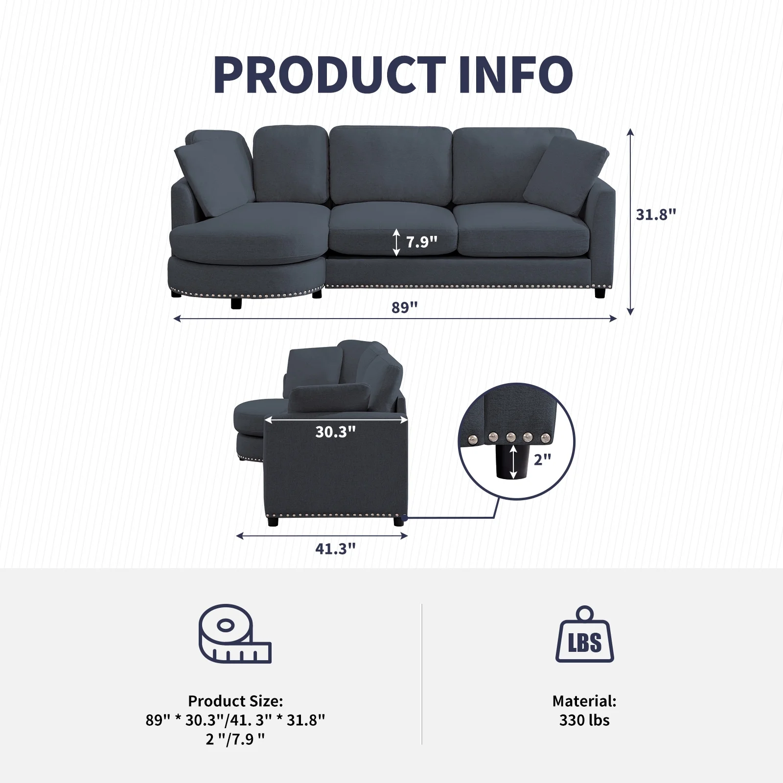 ZAFLY 3 Seater Sofa Couch, L Shaped Couch with Chaise, Curved Couches for Living Room - Dark Grey - Curated Treasures Market
