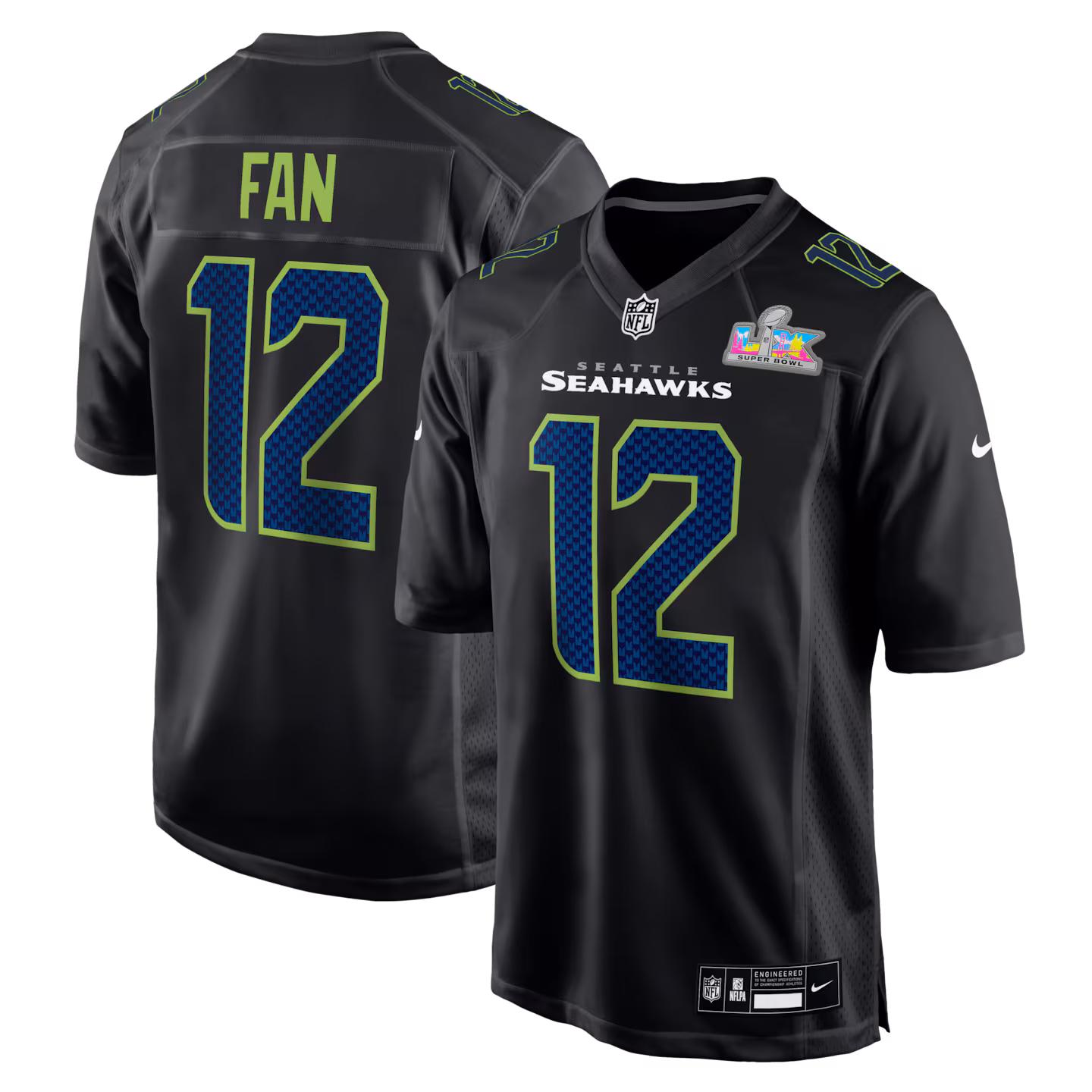 Men's Seattle Seahawks 12s Nike Black Super Bowl LX Patch Carbon Fashion Game Jersey