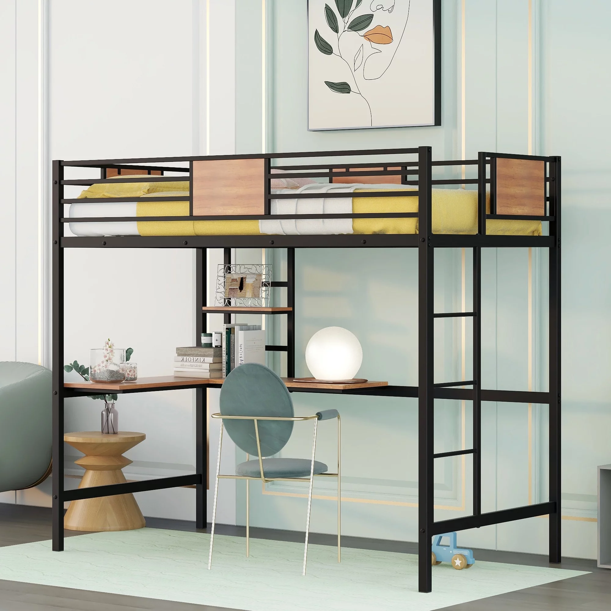 Bellemave Twin Metal Loft Bed with L-Shape Desk and Shelve,Sturdy Metal Loft Bed Frame with Guardrail for Kids,Teens, Black - Curated Treasures Market