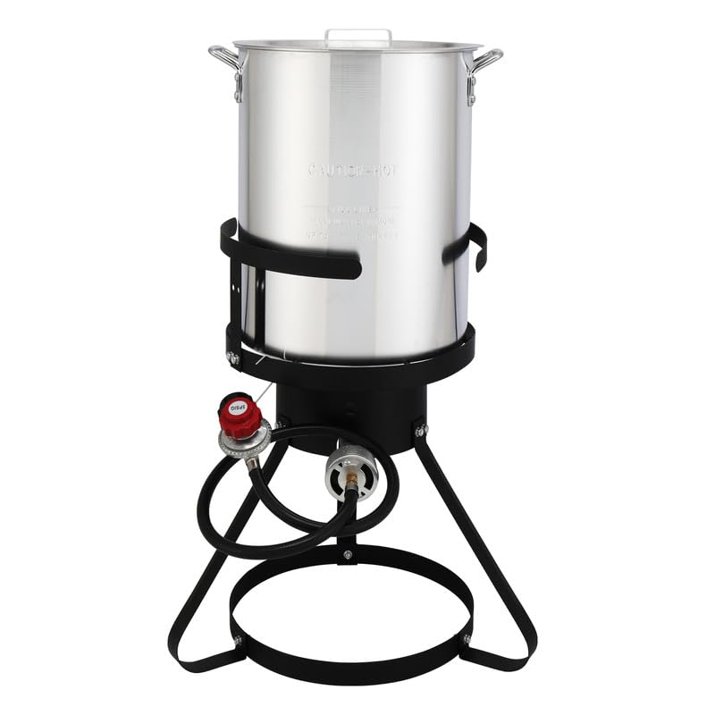 Outdoor Fryer Turkey Fryer 13 * 32 inch 4-Piece fryer Set with Black Round Iron Stove Frame Outdoor Burner Silver Aluminum 30qt Turkey Pot 10qt Fish Pot, Gas Fryer for Home Kitchen Restaurant