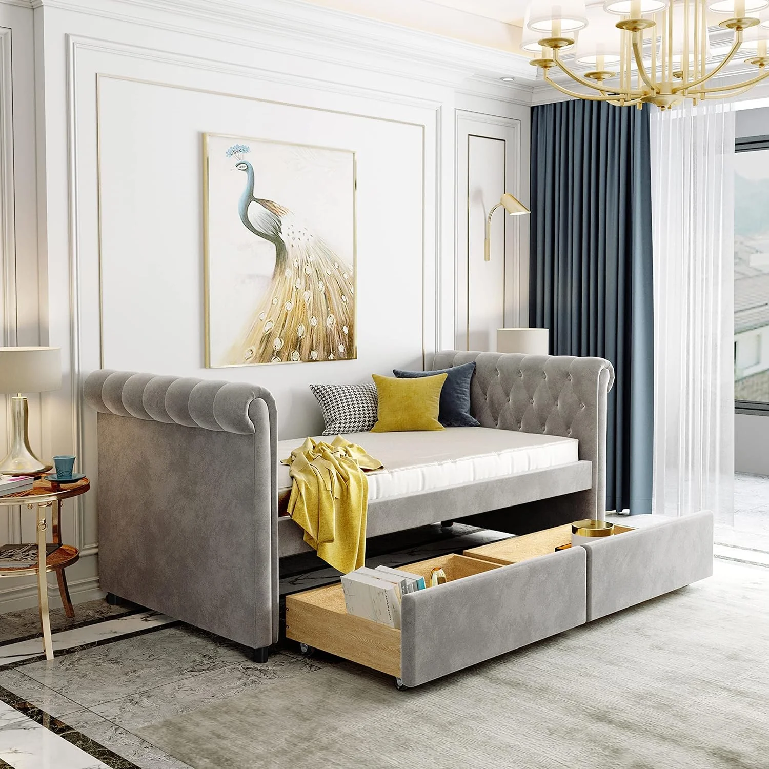 Bed With Drawers. Upholstered Daybed With Storage Drawers. Wood Daybed Size. No Box Spring Needed. Grey