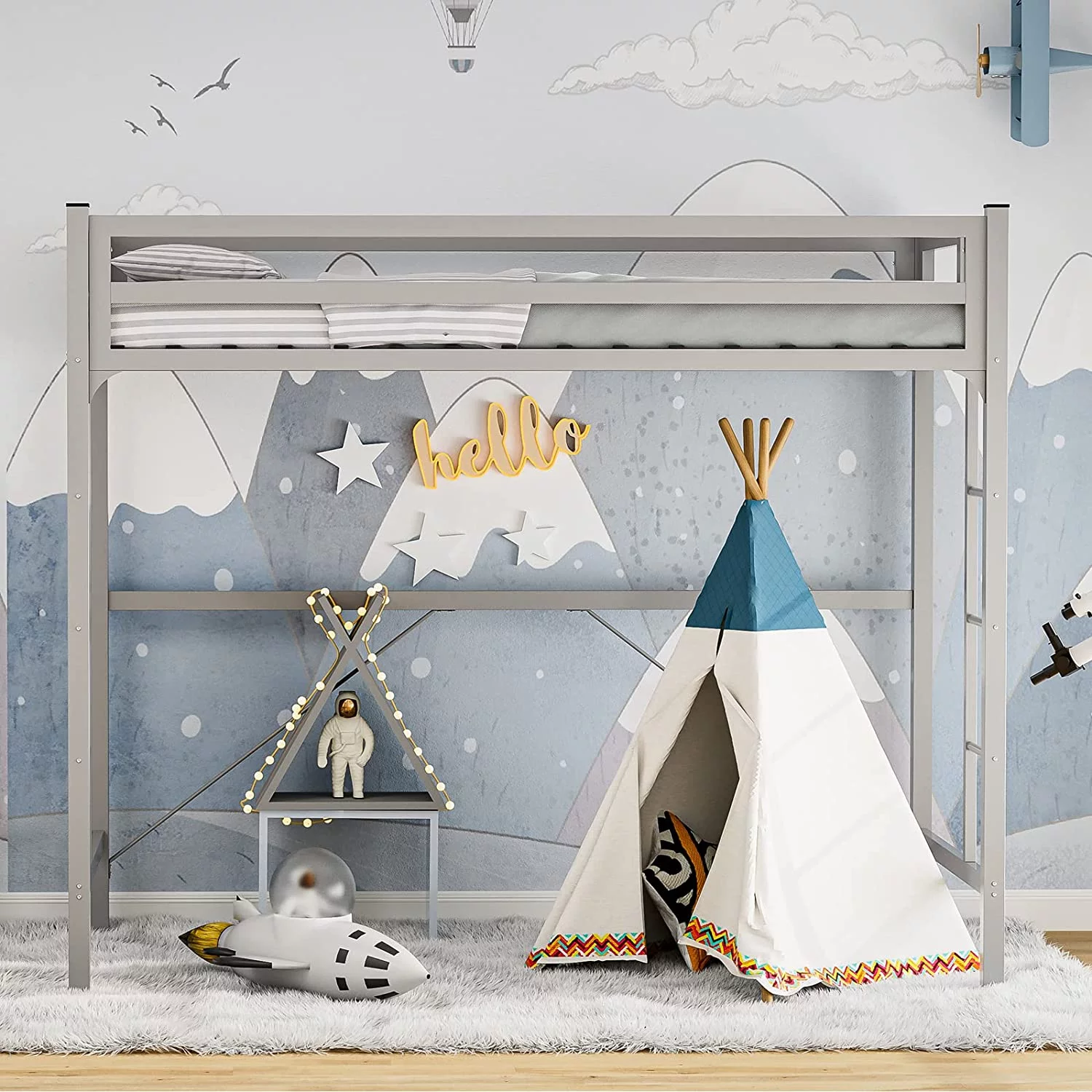 IKIFLY Metal Twin Size Loft Bed Frame - Heavy Duty Junior Loft Beds with 2 Ladders & Safety Guard Rail, Space-Saving, Noise Free, for Kids / Adults / Teens - Silver Grey - Curated Treasures Market