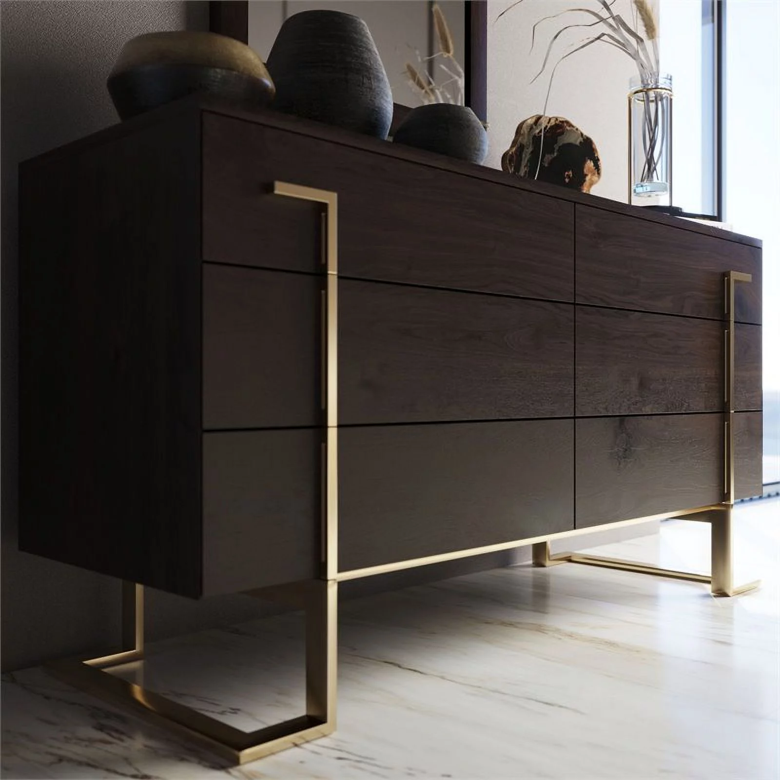 Modrest Moontide 6-Drawer Modern Wood Veneer Dresser in Brown/Champagne Gold