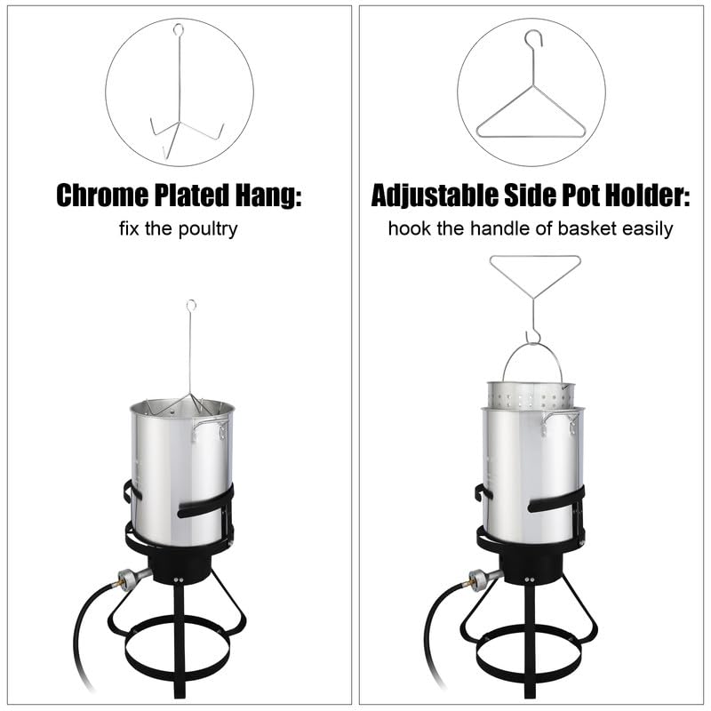 Outdoor Fryer Turkey Fryer 13 * 32 inch 4-Piece fryer Set with Black Round Iron Stove Frame Outdoor Burner Silver Aluminum 30qt Turkey Pot 10qt Fish Pot, Gas Fryer for Home Kitchen Restaurant
