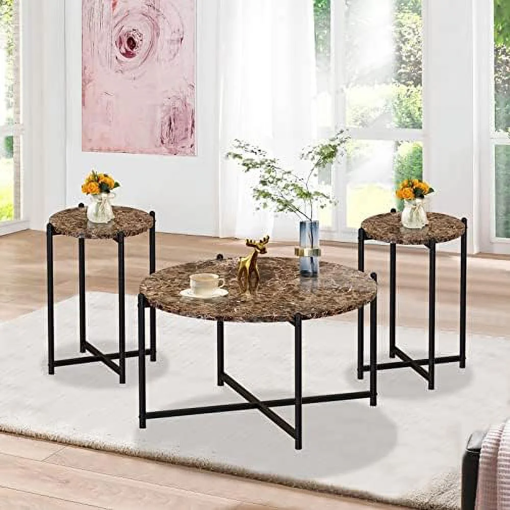 TQNJYGX Coffee Table Set of 3  Faux Marble Coffee Table & 2pcs End Table with Metal Frame Sofa Side Tables for Living Room  Office  Apartment - Curated Treasures Market