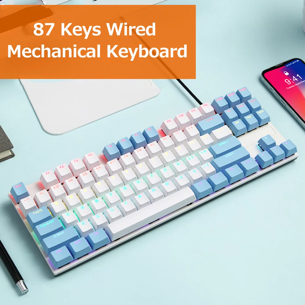 iBlancod K87 87 Keys Wired Mechanical Keyboard Metal Panel Two-color Injection Keycap 20 Light Effects &White(Blue Switches) - Curated Treasures Market