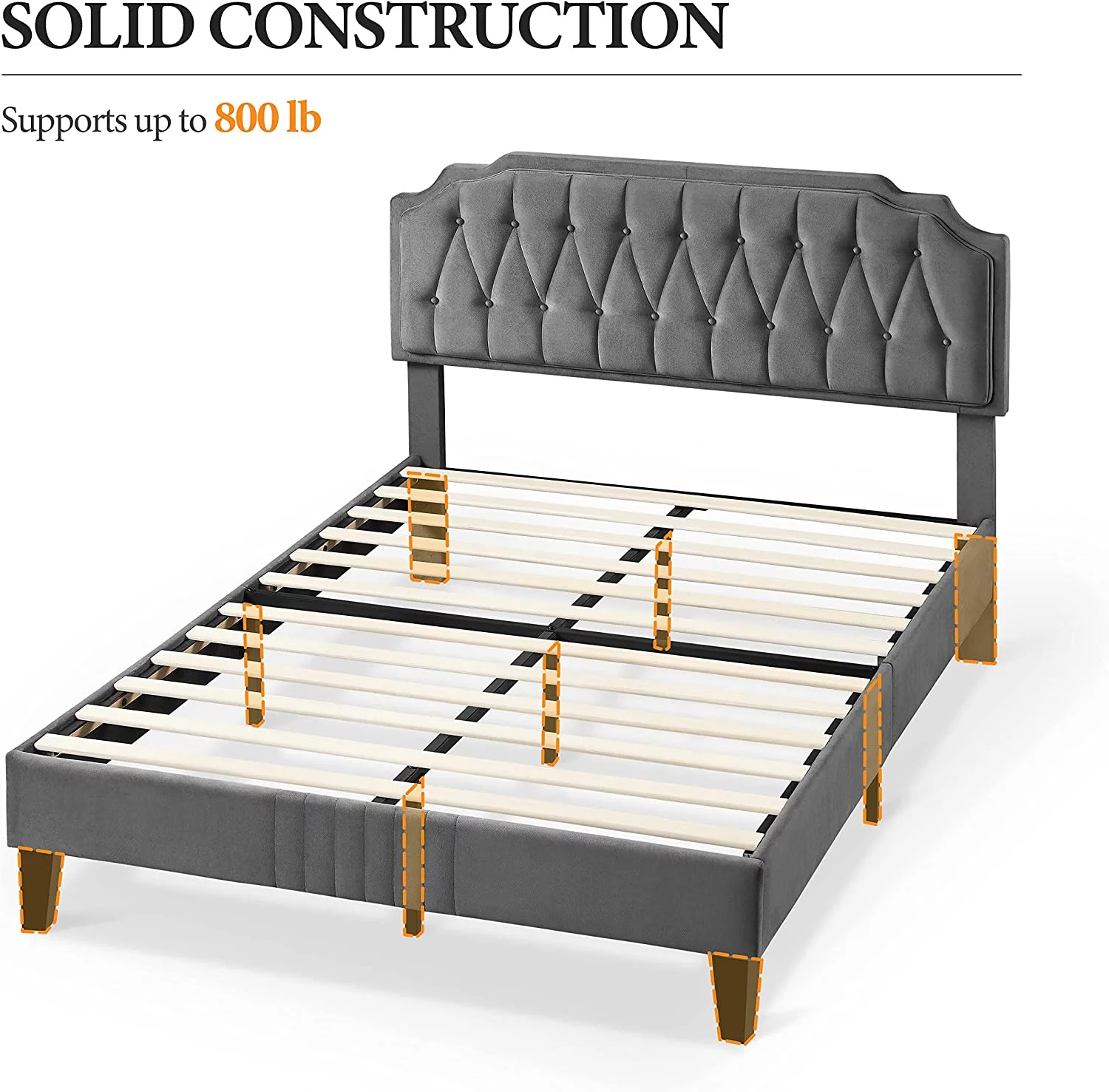 S Queen Size Bed Frame. Velvet Upholstered Platform Bed with Curved Headboard. S Foundation/Strong Wooden Slats Support/No Box Spring Needed/Easy Assembly/Dark Grey