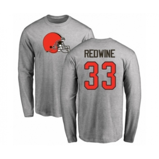 Football Cleveland Browns #33 Sheldrick Redwine Ash Name & Number Logo Long Sleeve T-Shirt