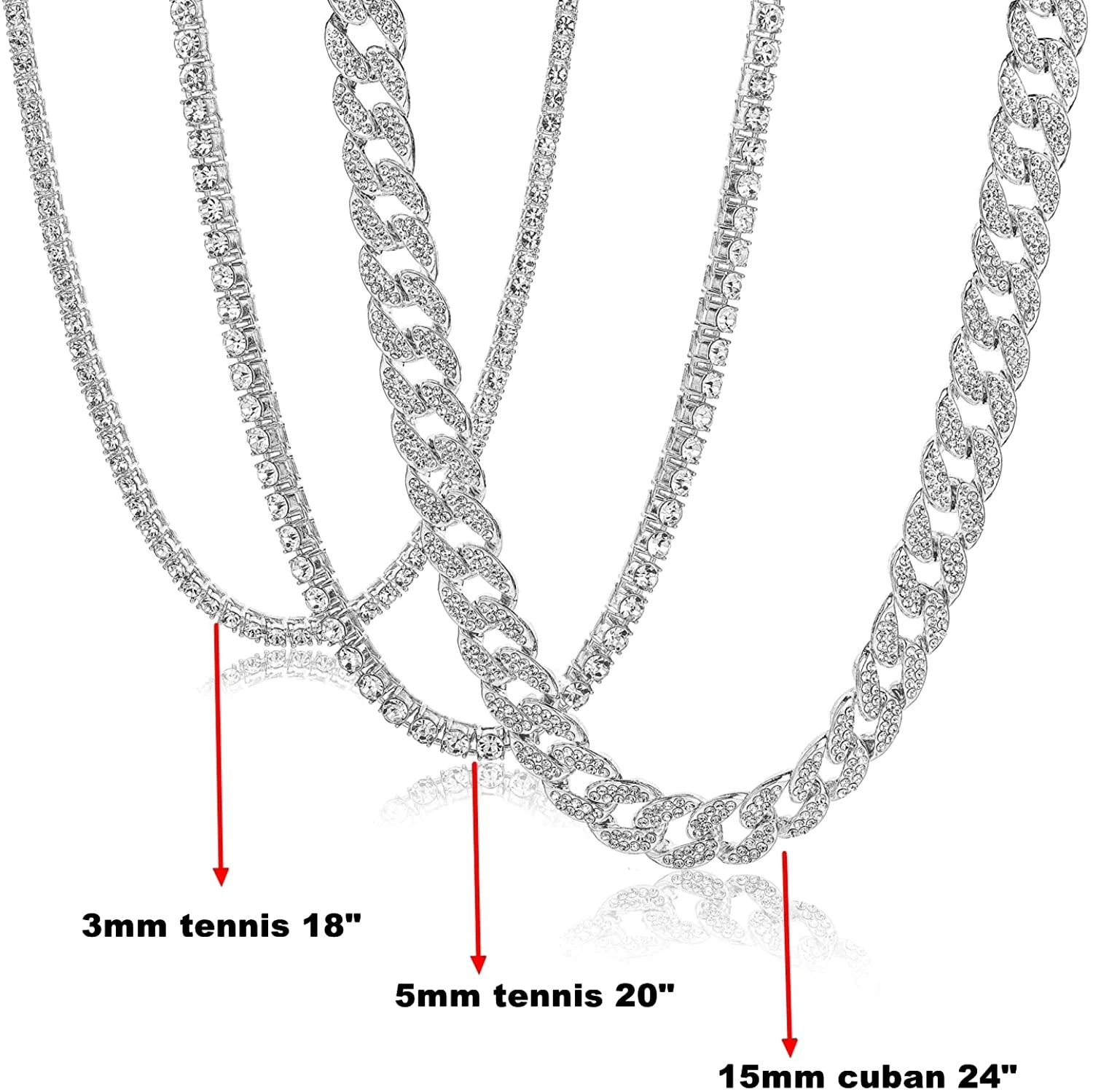 HH Bling Empire Gold Tennis and Cuban Link Chain for Men,Iced Out Mens Diamond Cuban Chain Necklace Sets,Hip Hop Rapper Jewelry Chains,3 Pcs 18/20/24 Inch (Set C-Silver) - Curated Treasures Market