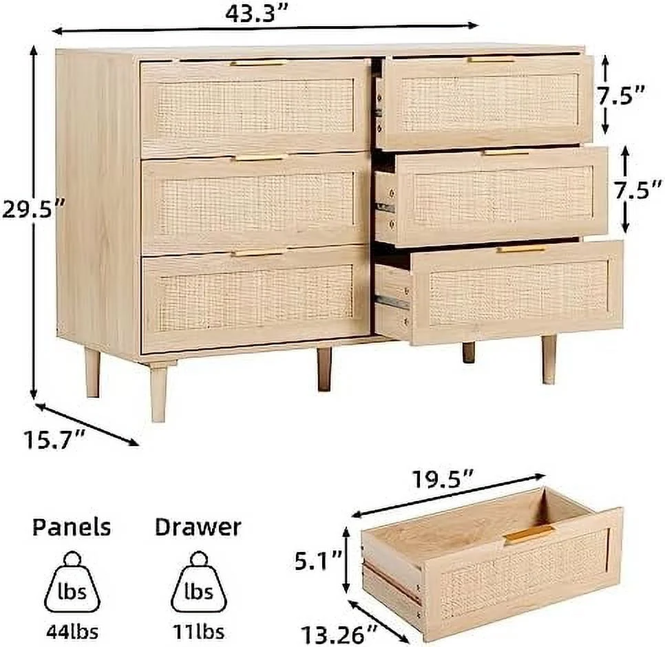 6 Drawer Dresser Rattan Dresser  Chest with Drawers Wood  Closet Dressers Chest of Drawers for Bedroom Living Room Hallway (Natural) - Curated Treasures Market