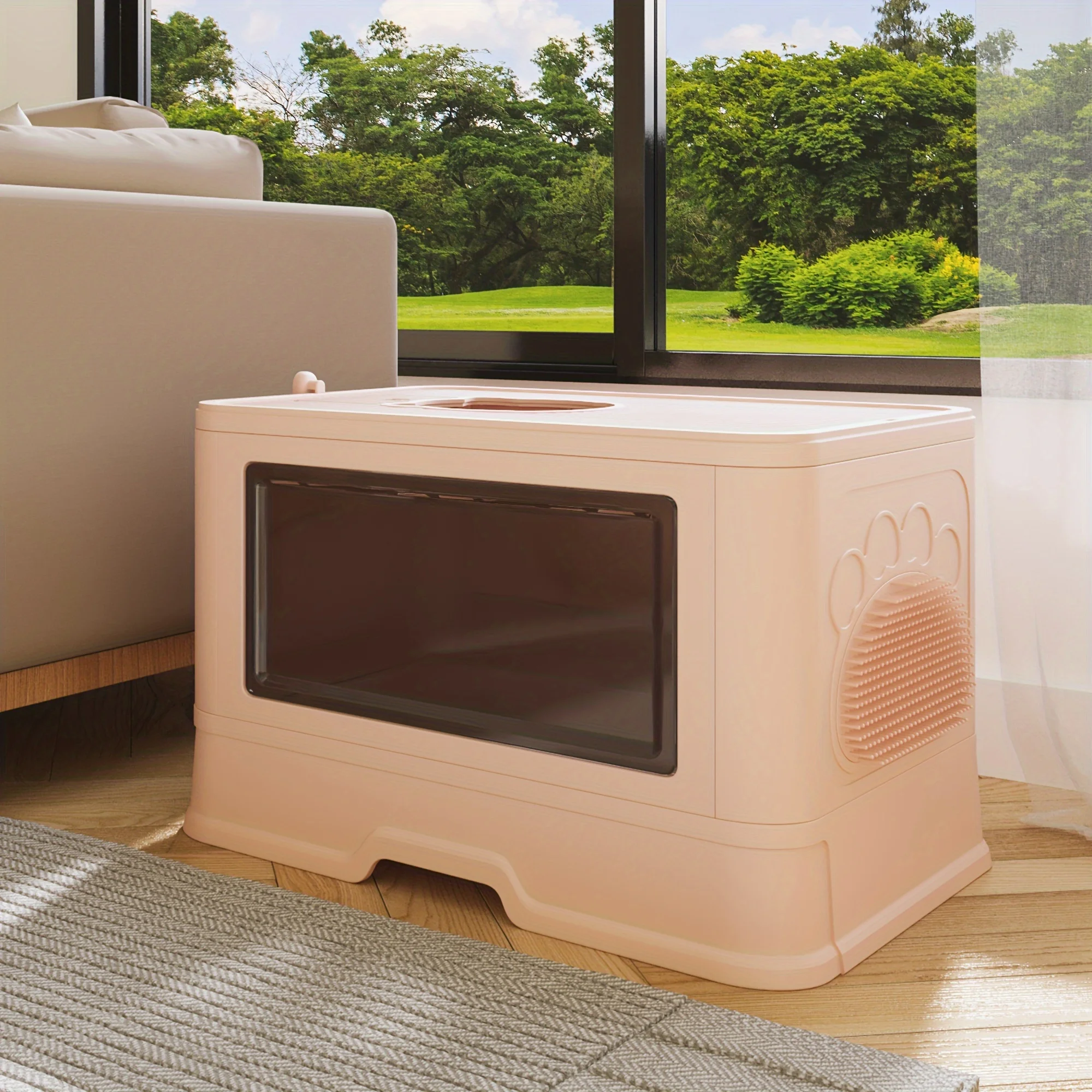 Large Enclosed Cat Litter Box with Lid Cover, Hooded Odorless Cat Toilet with Litter Scoop Cat Self Groomer Deodorizer Filter Front Entry Top Exit Door, Easy to Install and Clean - Curated Treasures Market