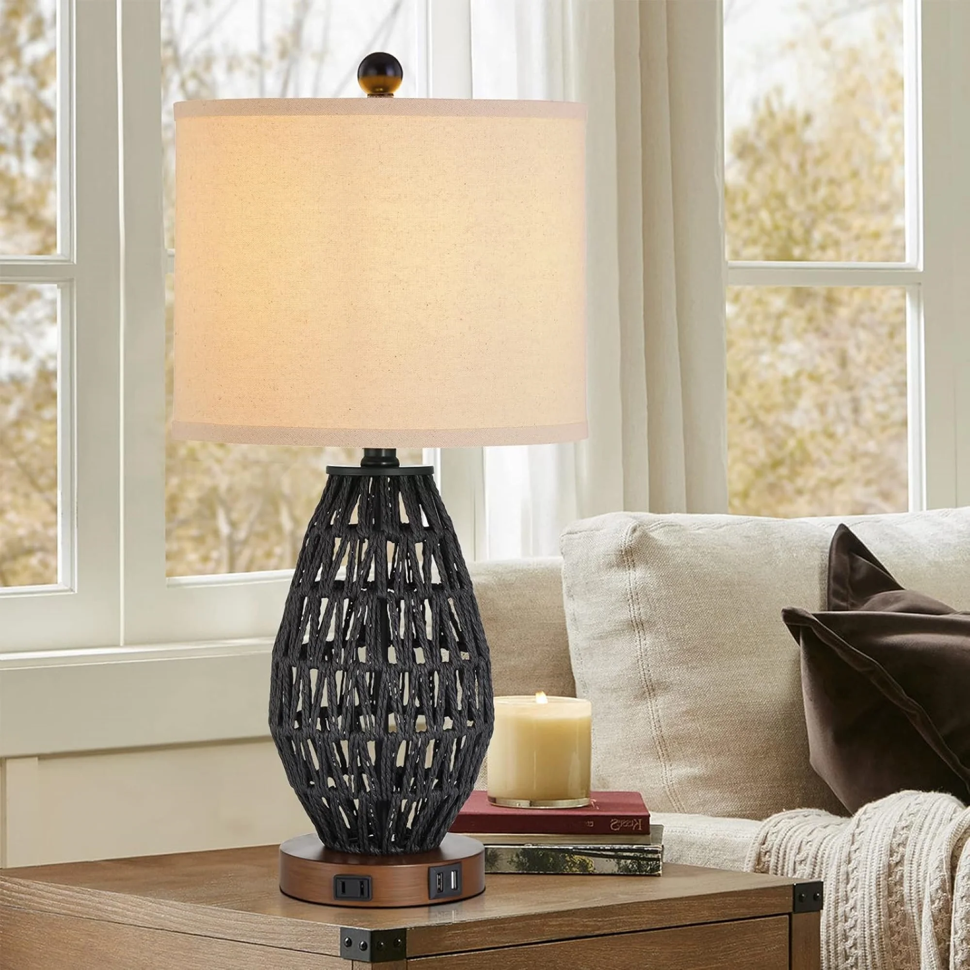 Cinkeda Black Rattan Table Lamp Set of 2 for Living Room Bedroom 3 Way Dimmable Touch Control Bedside Nightstand Lamps with USB Ports AC Outlet(2 Bulb) - Curated Treasures Market