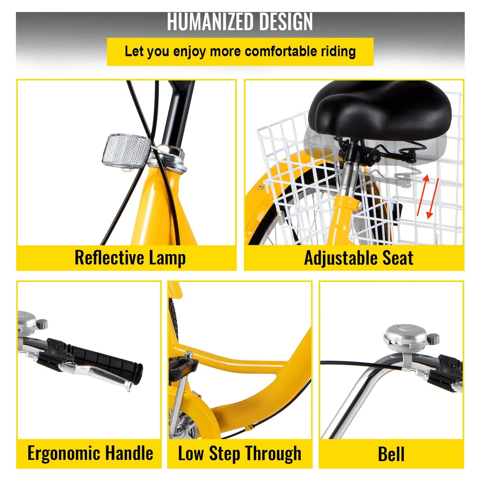 VEVOR Adult Tricycle 26 inch,7-Speed 3 Wheel Cruise Bike, Adjustable Trike with Bell, Brake System Cruiser Bicycles Large Basket for Shopping