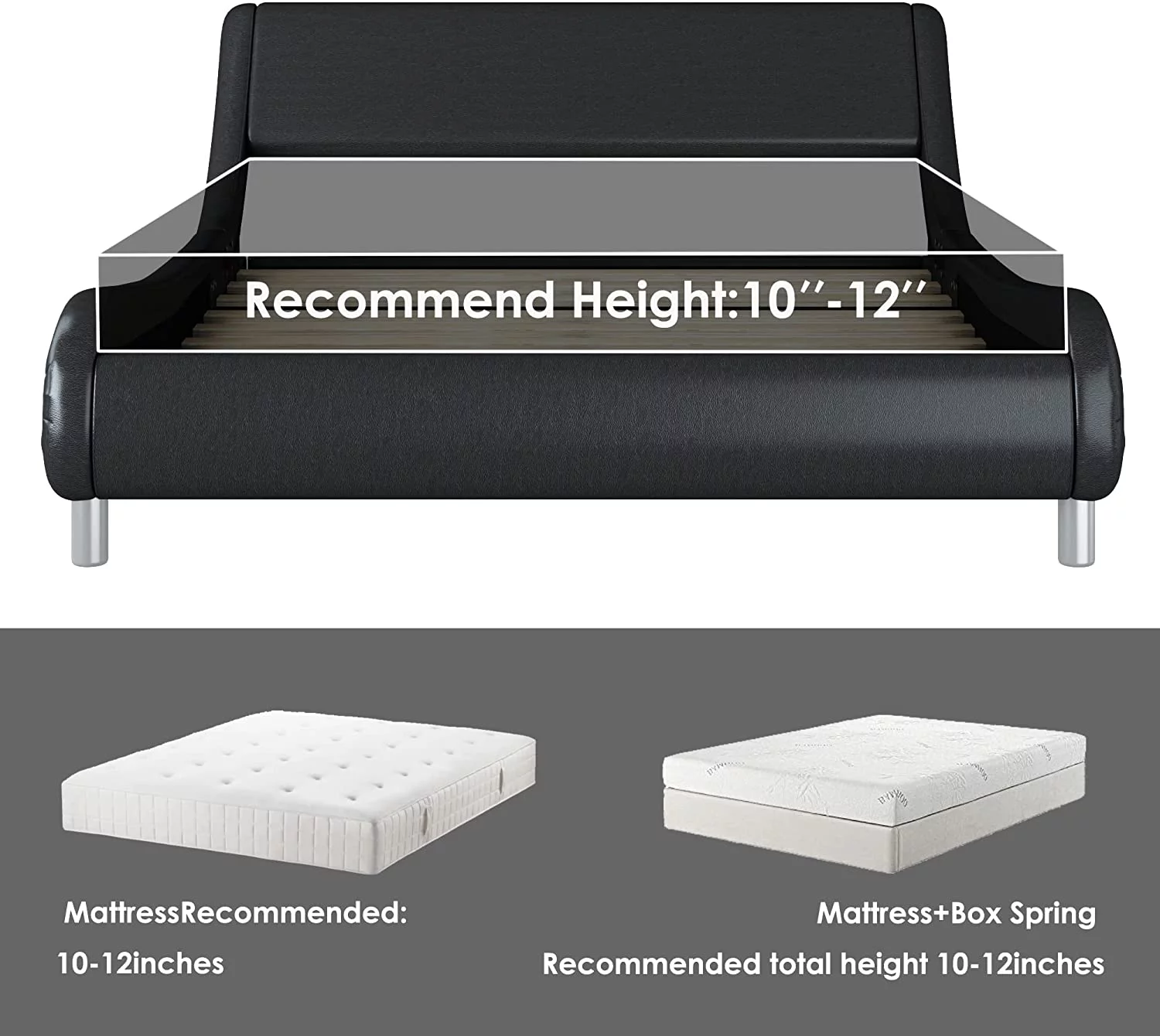 Full Size Faux Leather Upholstered Platform Bed Frame with Adjustable Headboard, Modern Deluxe Low Profile Sleigh Bed Frame, Wave-Like Curve Bed Frame, Wood Slat Support, No Box Spring Needed, Black - Curated Treasures Market