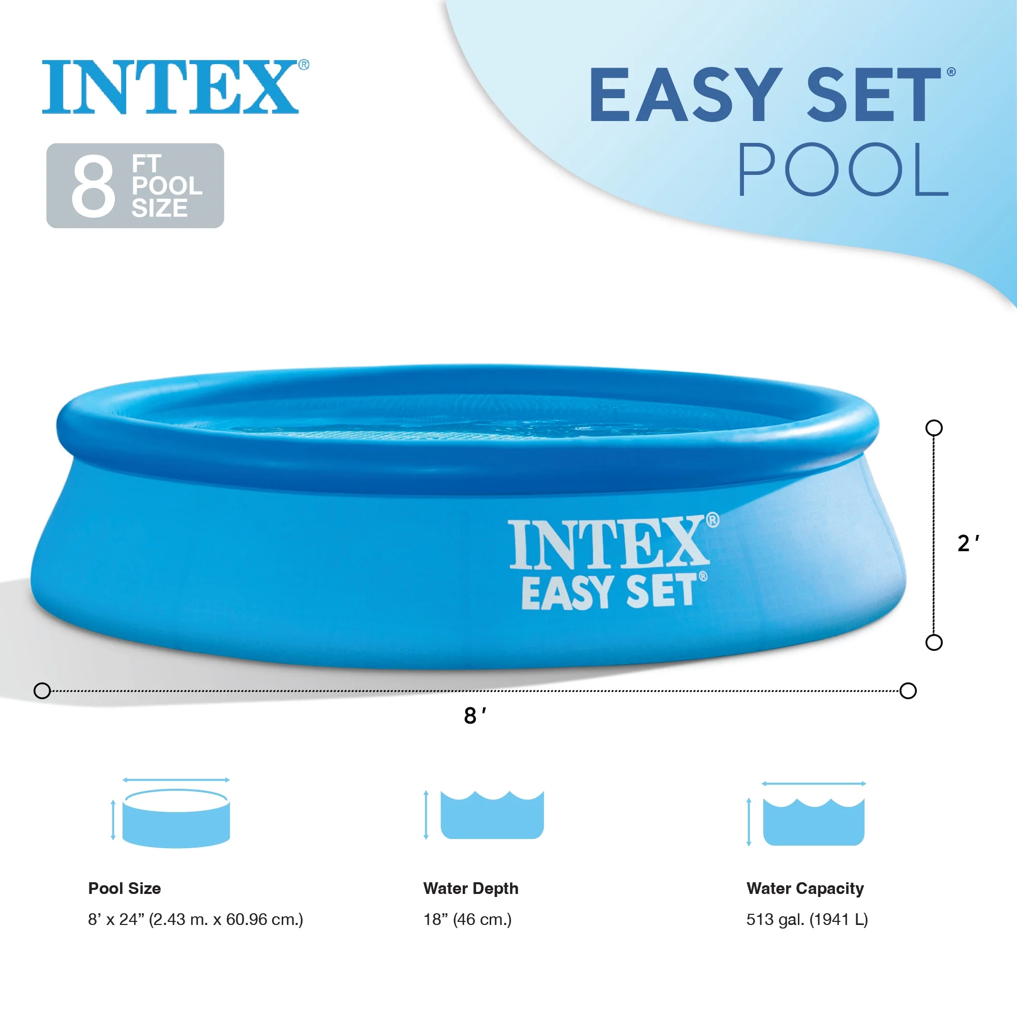 Intex 8056988 24 in. x 8 ft. Easy Inflatable Outdoor Family Swimming Pool, Blue