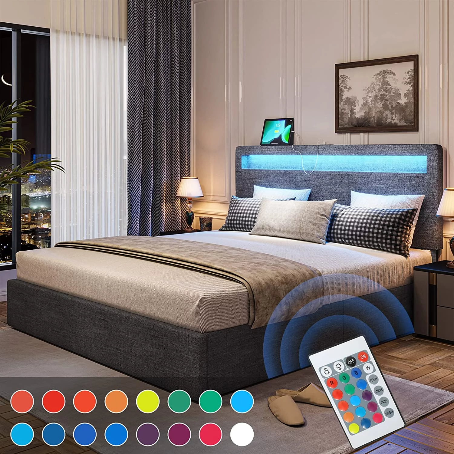 Queen Platform Bed Frame with 4 Storage Drawers&2 USB Ports, LED Headboard Bed Frame Upholstered Bed for Bedroom, No Box Spring Needed, Dark Grey