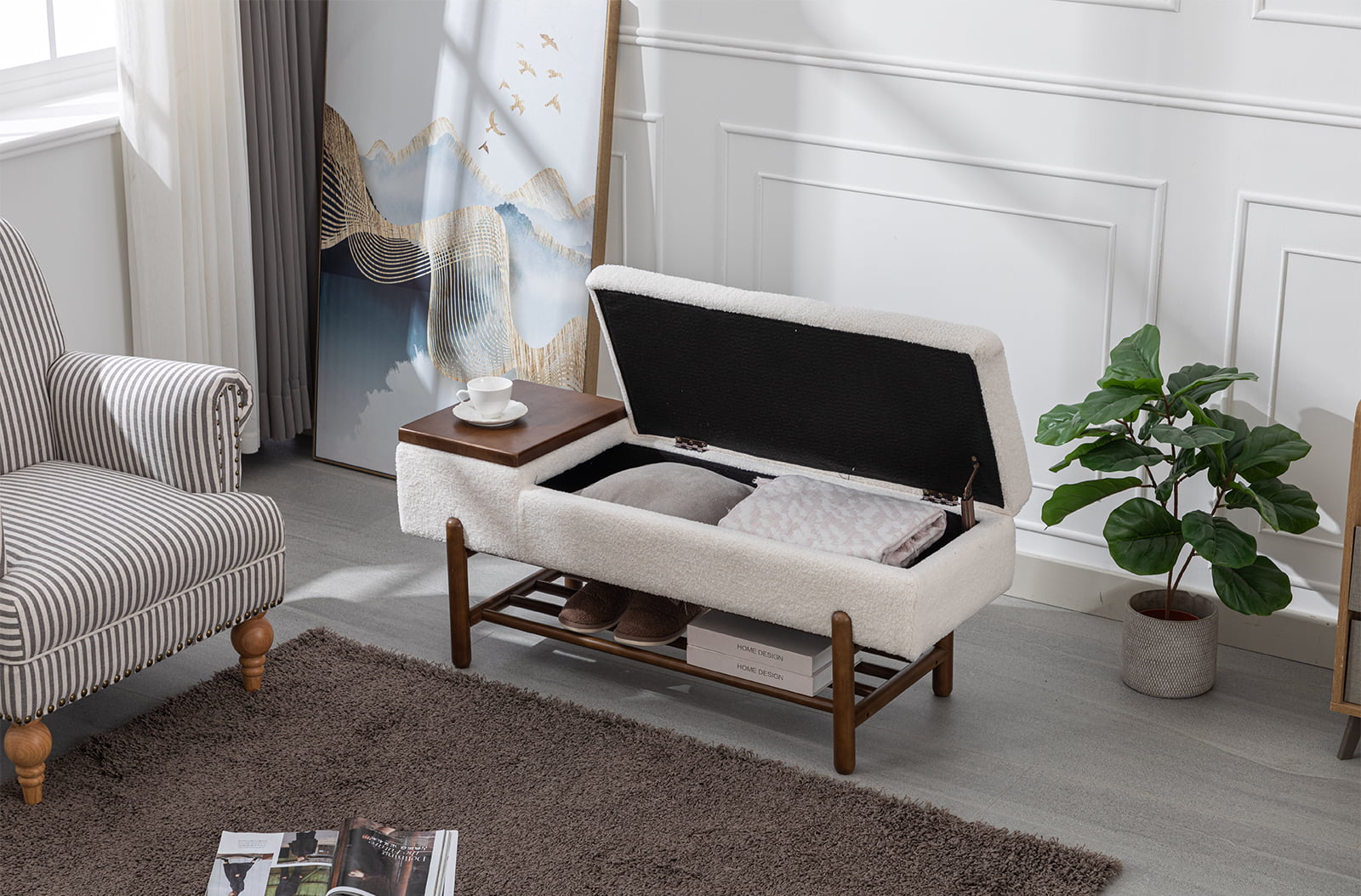 Guyou Storage Bench Sherpa End of Bed Ottoman Bench with Wooden Shoe Rack and Coffee Table, Modern Upholstered Long Seating Bench Entryway Bench for Hallway Foyer Living Room Bedroom, Beige - Curated Treasures Market