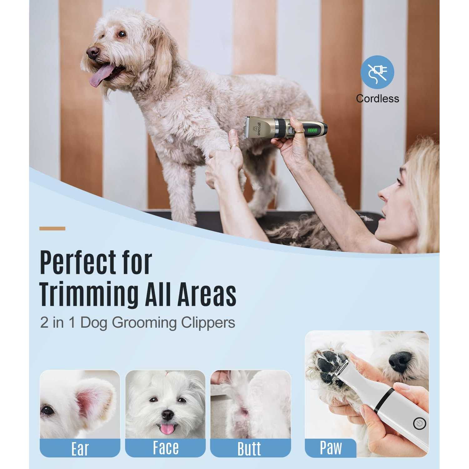 oneisall Dog Clippers and Dog Paw Trimmer Kit 2 in 1 Low Noise Cordless Dog Clippers for Grooming Pet Hair Trimmers for Small and Large Dogs Cats