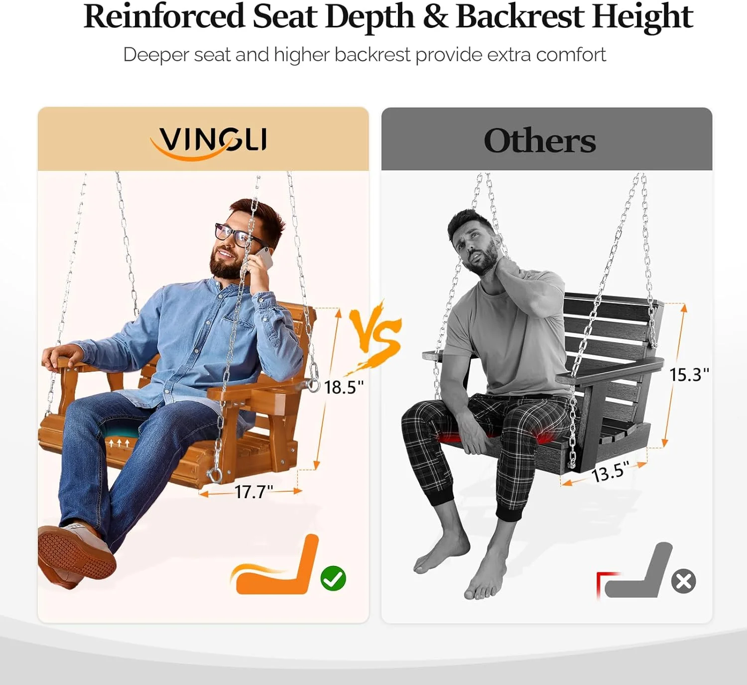 VINGLI Heavy Duty 440 LBS 1-Person Wooden Patio Porch Swing with Deeper Seat & Higher Backrest & Extra Cup Holder for Adults & Kids, Outdoor Single Porch Swing for Porch, Yard, Balcony, Tree (Brown) - Curated Treasures Market