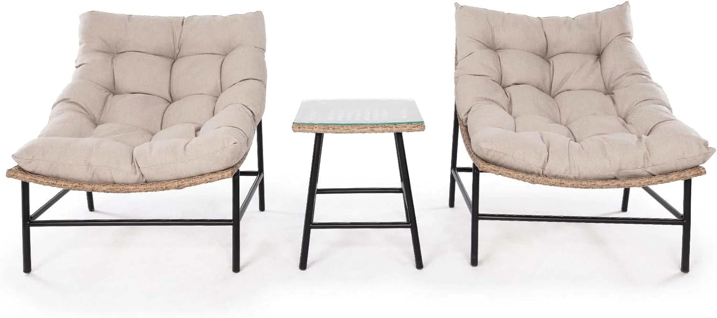 Idzo Large Papasan Patio Scoop Chair Set of 2 with Glass Side Table, Premium Olefin Thick Cushion - Curated Treasures Market