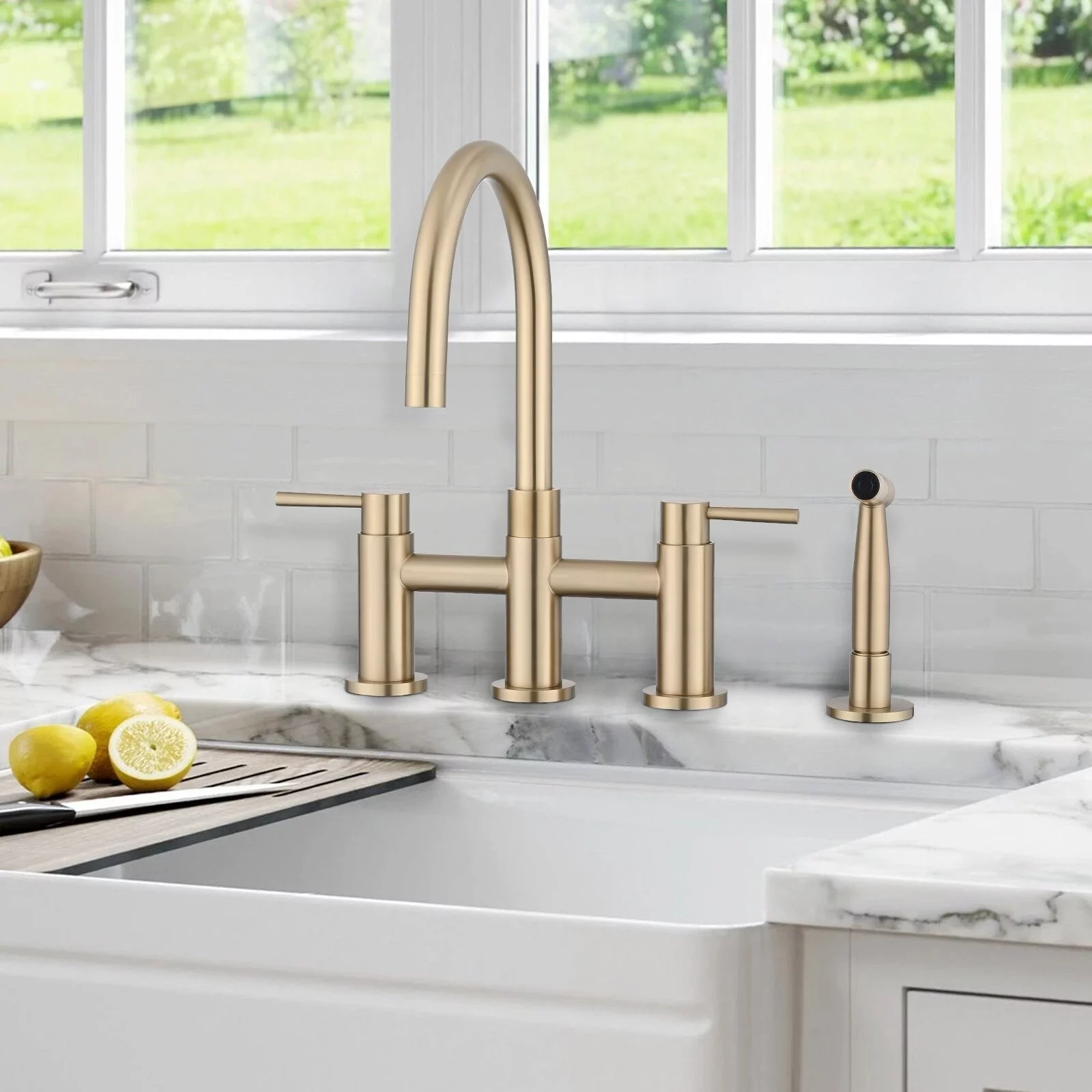 Double Handle Bridge Kitchen Faucet with Side Spray Matte Black - Curated Treasures Market