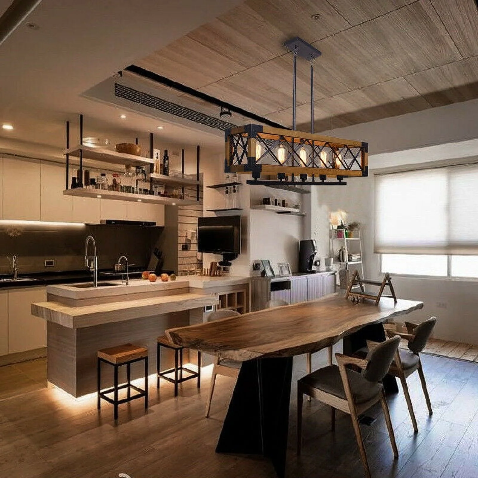 ZhdnBhnos 5-Lights Retro Farmhouse Chandelier Kitchen Island Pendant Light Fixture Wooden Rectangle Hanging Ceiling Lamp