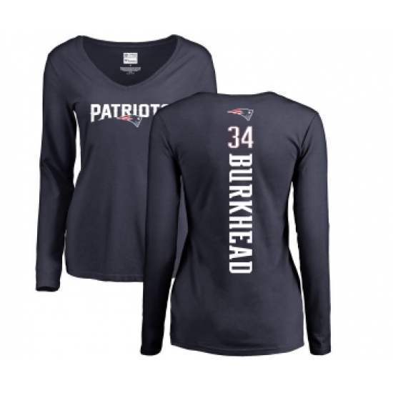 Football Women's Football Women's New England Patriots #34 Rex Burkhead Navy Blue Backer Slim Fit Long Sleeve T-Shirt
