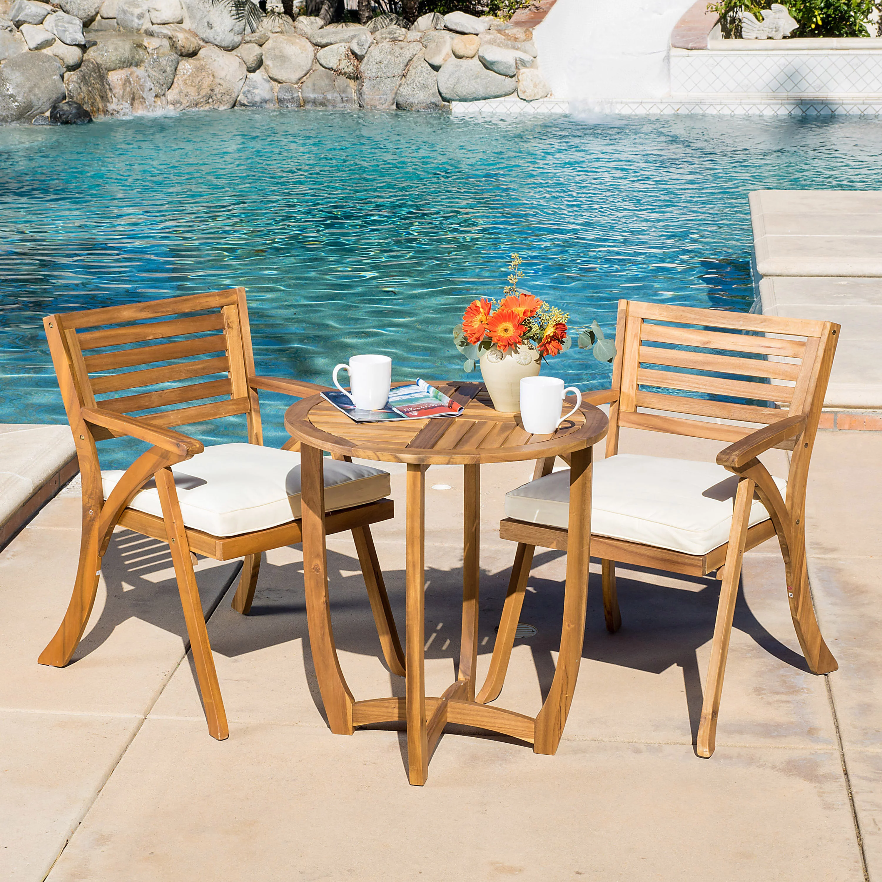 GDF Studio Baia Outdoor Acacia Wood 3 Piece Bistro Set with Cushion, Teak and Cream - Curated Treasures Market