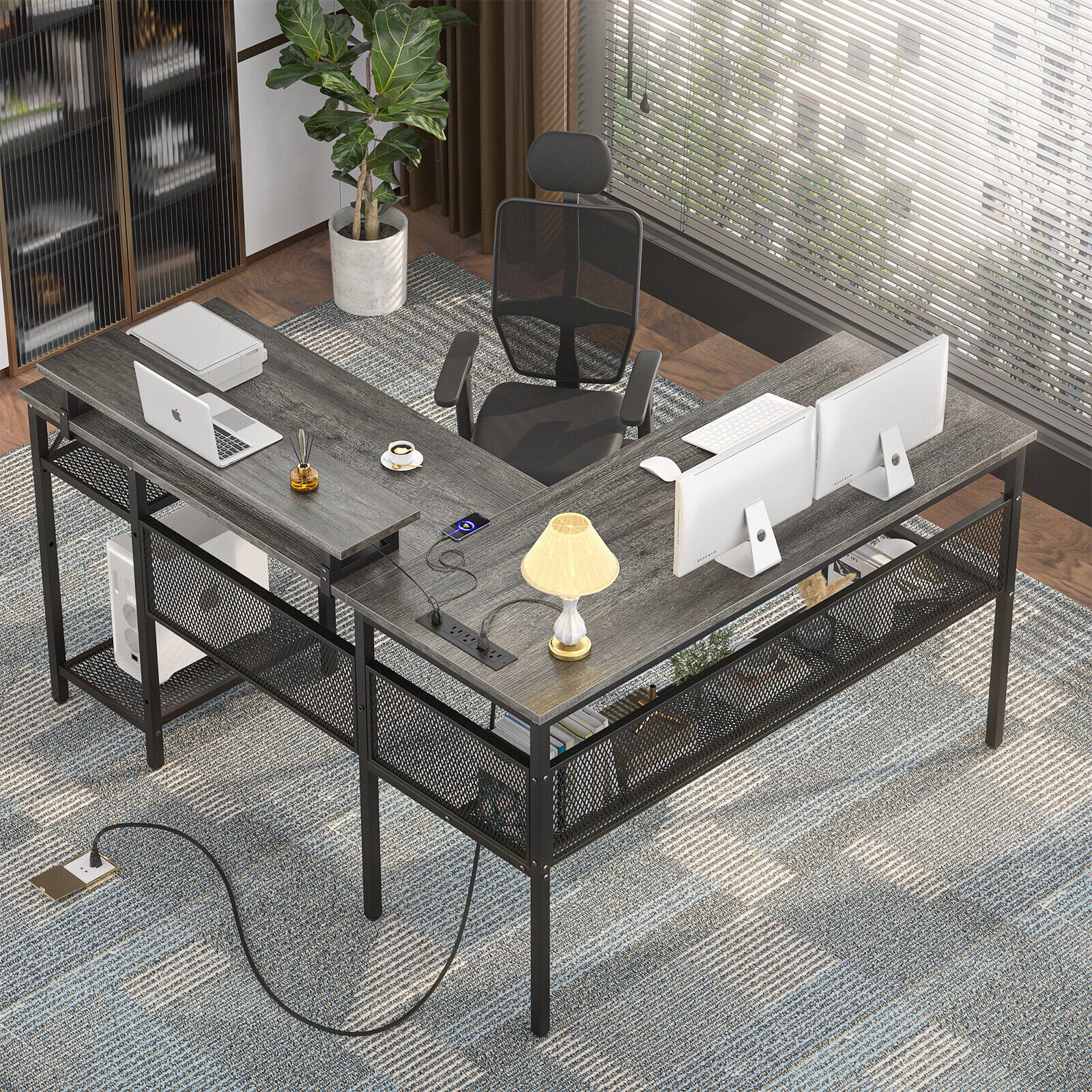 Homieasy L Shaped Computer Desk Desk w/Outlets & Lights Home Office Corner Desk - Curated Treasures Market