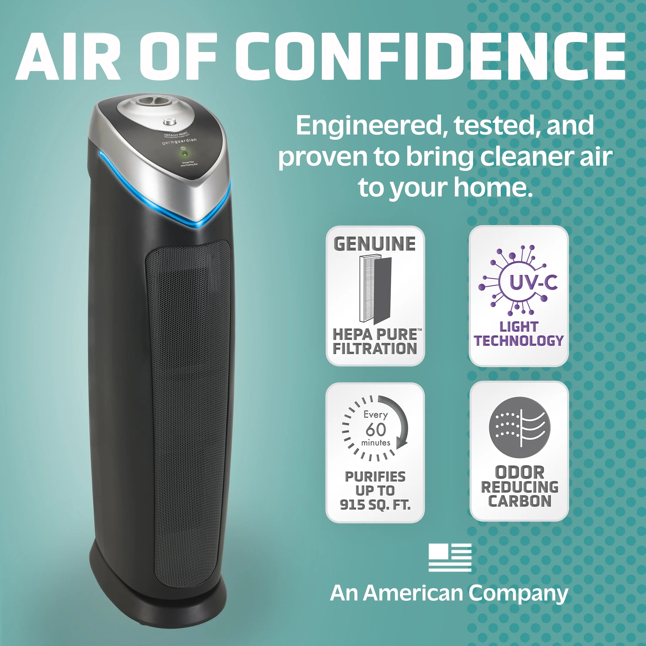 GermGuardian Air Purifier with HEPA Filter, UV-C, Removes Odors, Mold, 915 Sq. ft. AC5000E, Black