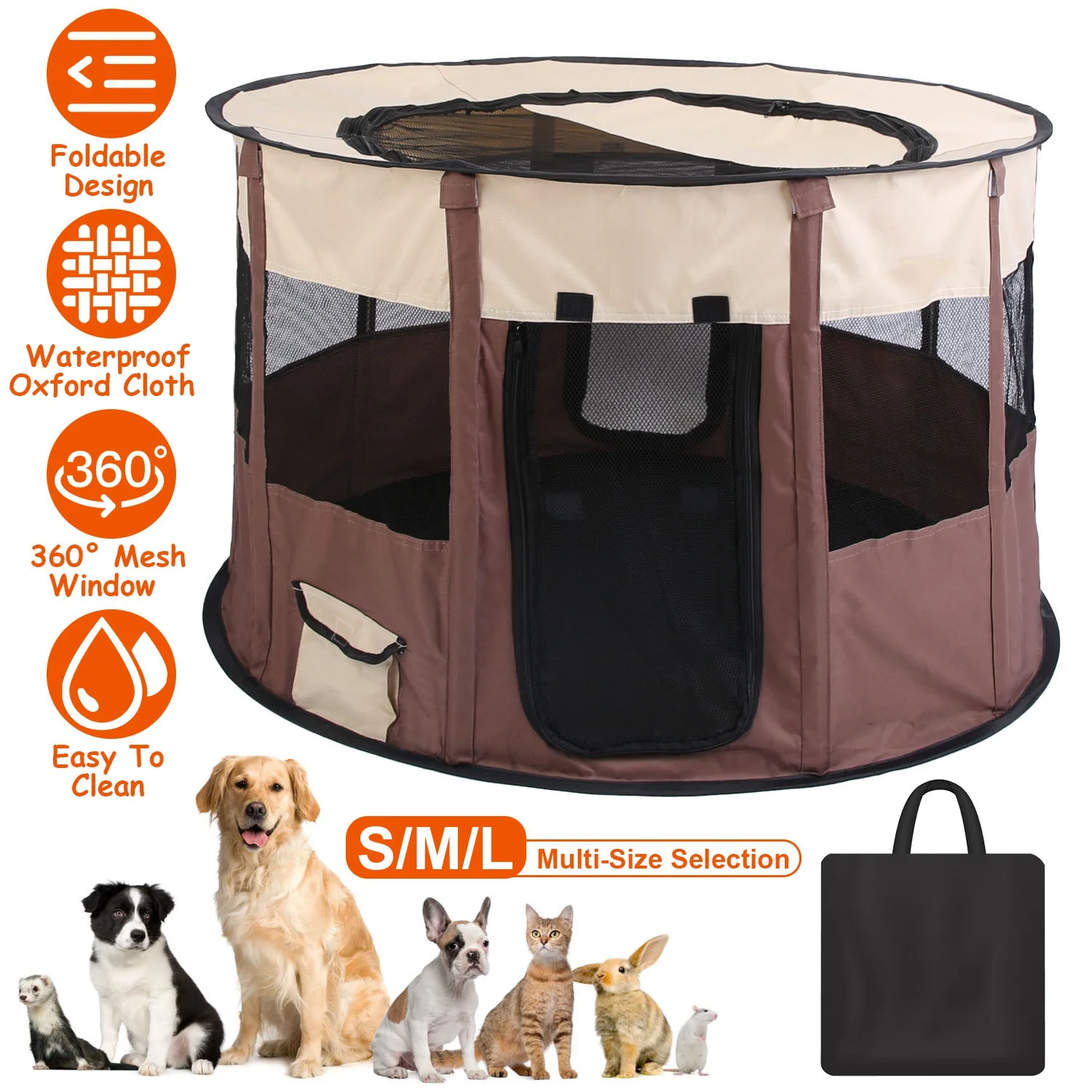Foldable Dog Playpen iMounTEK Pet Playpen Tent with Carry Bag Waterproof Breathable Detachable Upper Cover for Dog Cat Rabbit Indoor Outdoor Brown S - Curated Treasures Market