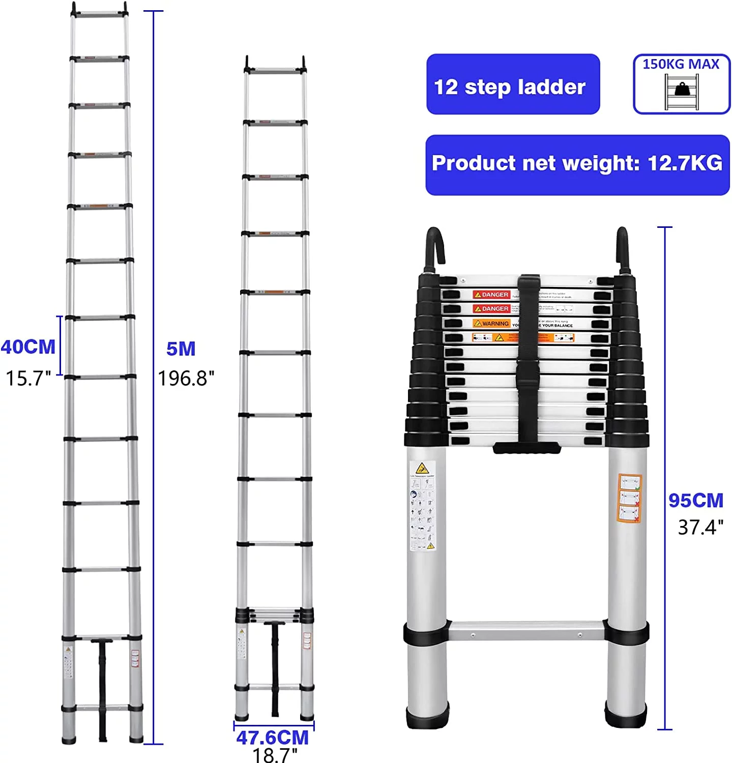 Telescoping Ladder 16FT Aluminum Telescopic Ladder with 2 Detachable Roof Hooks, Roof Ladder Extension Collapsible Ladder for RV, Multi-Purpose Folding Ladder, Outdoor Work Ladder 330lbs Max Capacity - Curated Treasures Market