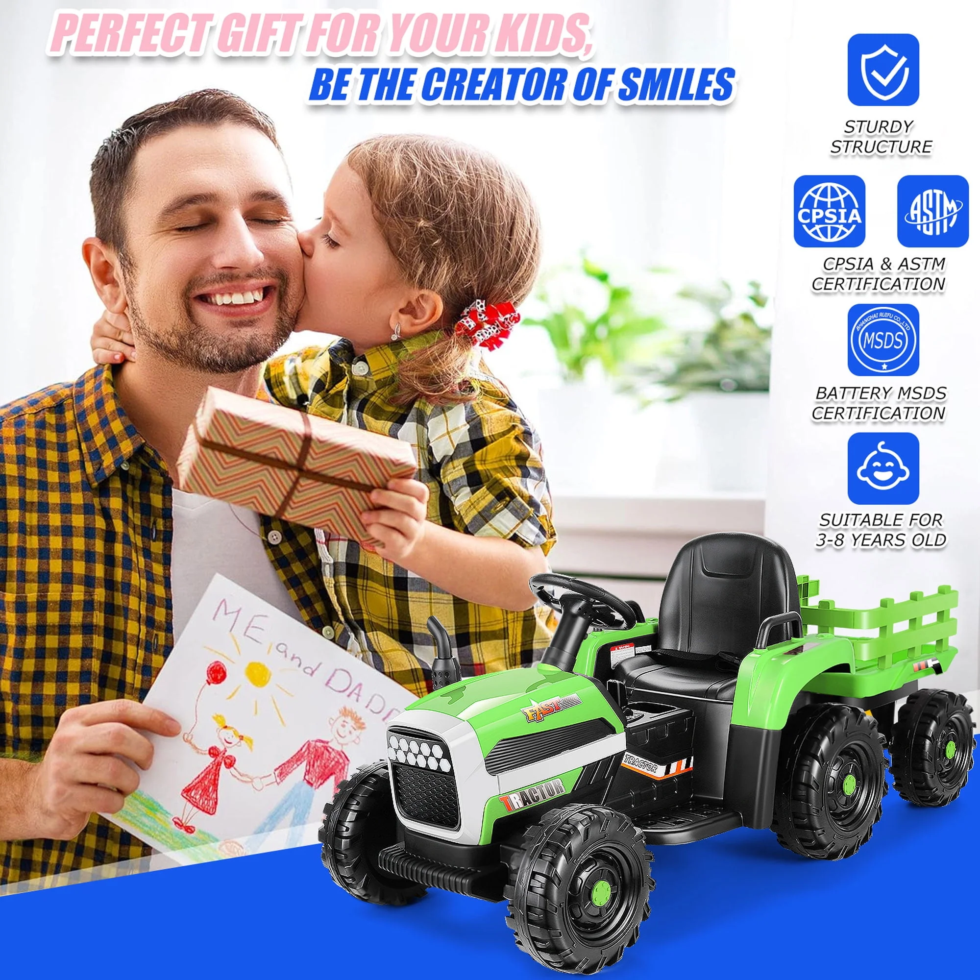 VIBESPARK Kids Ride on Tractor with Remote Control and Bluetooth, Electric Tractor with Trailer for Toddler, 12 V Battery Powered Ride on Car Toy w/11-LED Headlights, 3 Speed, Music, Pink