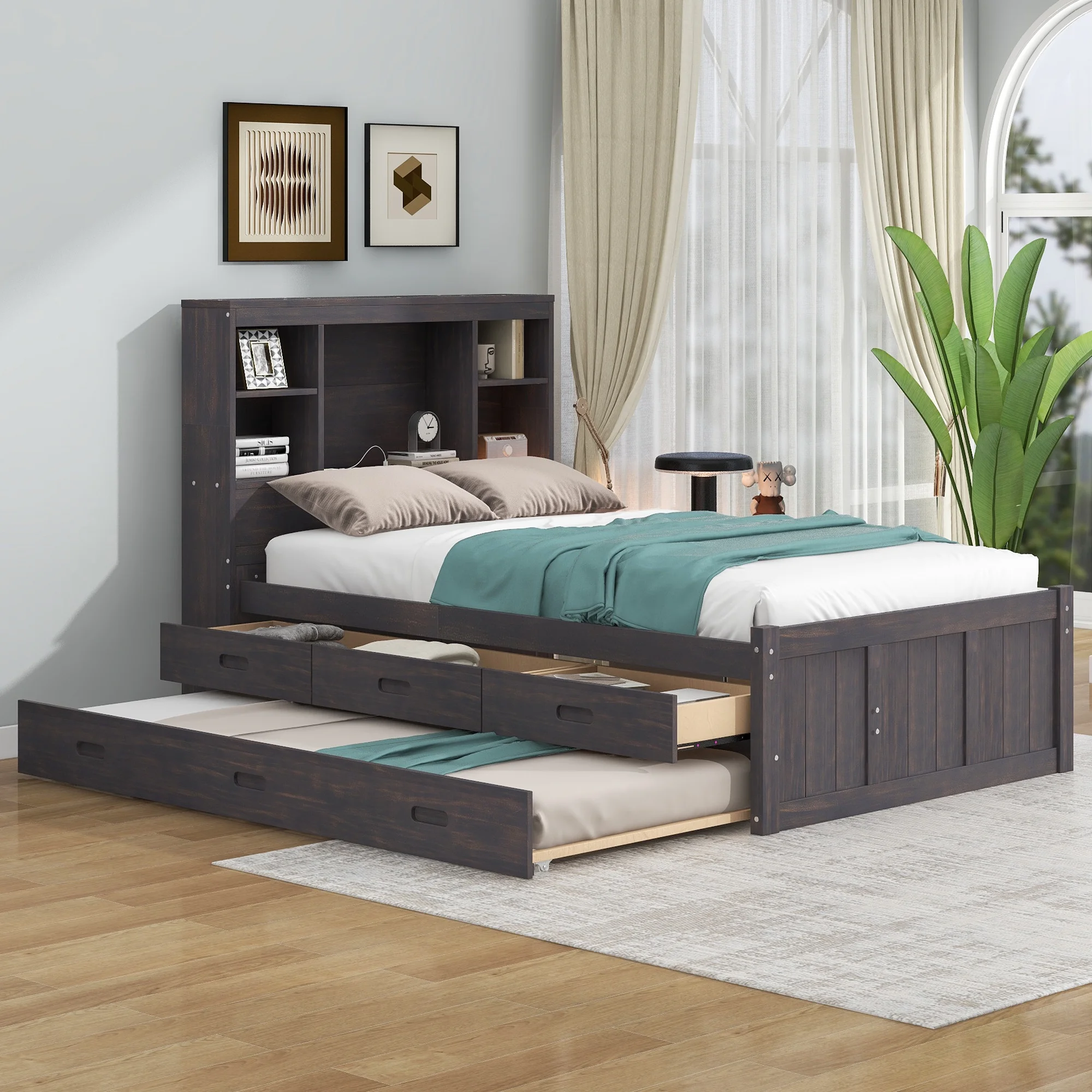 Euroco Wood Twin Size Platform Bed with Storage Headboard and Charging Station, Trundle Bed and 3 Drawers, Antique White