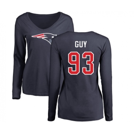 Football Women's New England Patriots #93 Lawrence Guy Navy Blue Name & Number Logo Slim Fit Long Sleeve T-Shirt