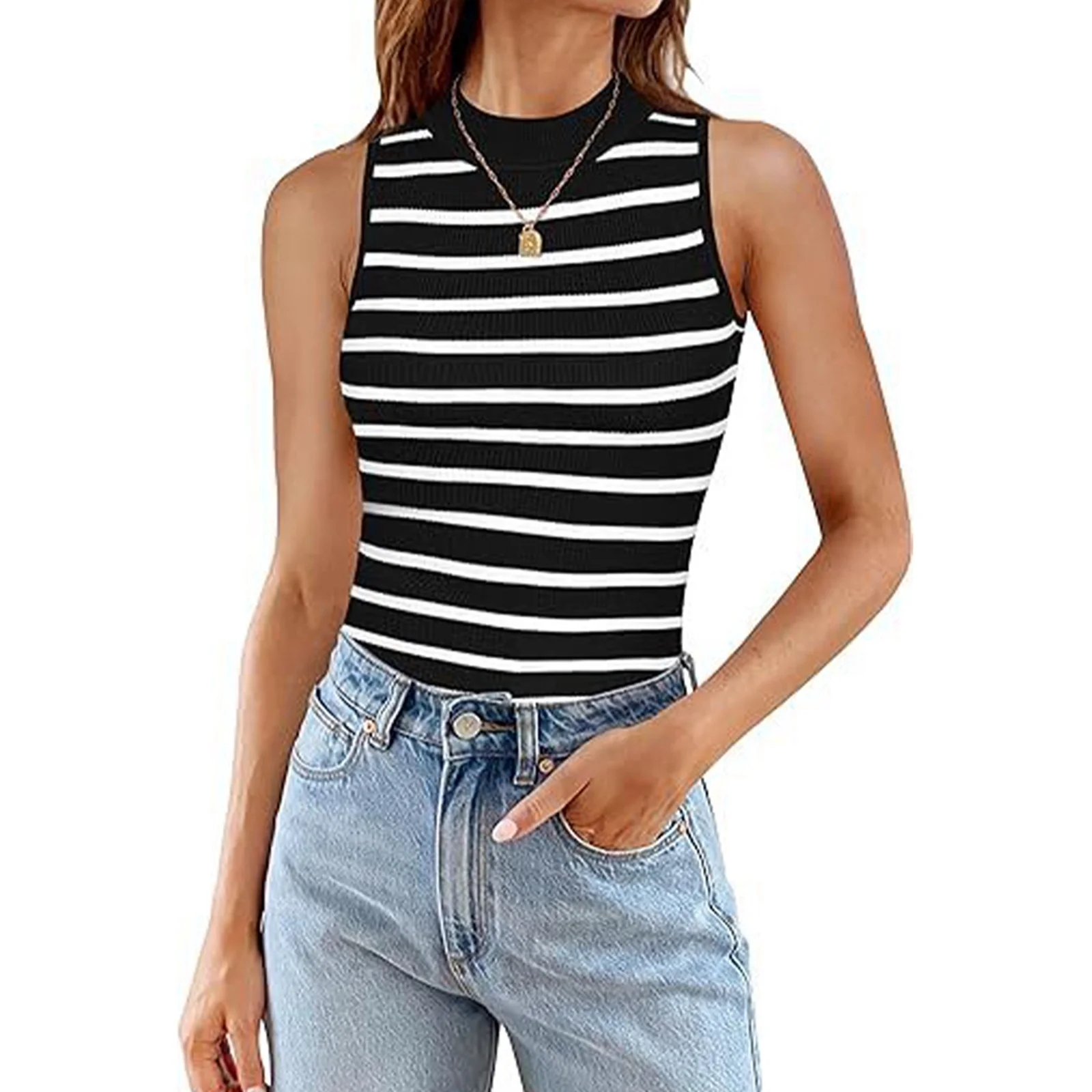 Womens Tank Tops Summer Sleeveless Loose Adjustable Tops for Women Pack Women's Sleeveless Ribbed High Neck Slim Fit Striped Tank - Curated Treasures Market