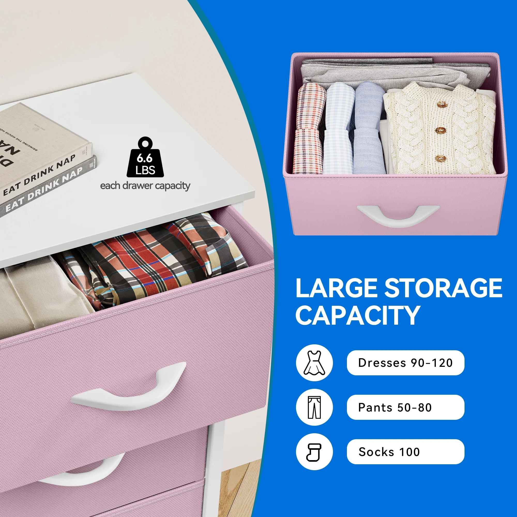 Dextrus Fabric Dresser for Bedroom, Tall Storage Dresser with 8 Drawers, Black Dresser & Chest of Drawers, Storage Drawer Organizer for Closet, Bedroom, Living Room(Pink)