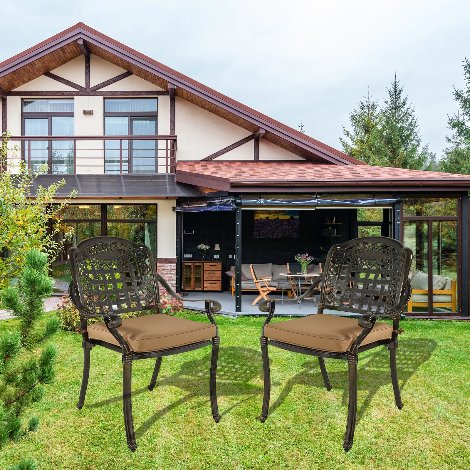 MEETWARM 2 Piece Patio Dining Chairs with Cushions, Outdoor All-Weather Cast Aluminum Chairs, Patio Bistro Dining Chair Set - Curated Treasures Market