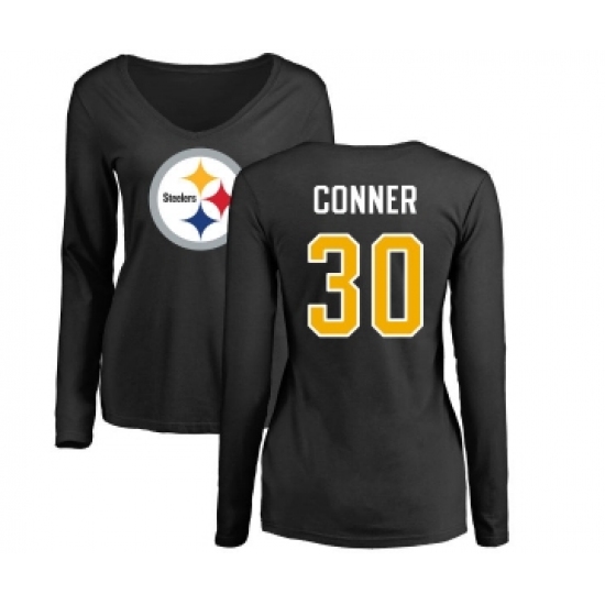 Football Women's Pittsburgh Steelers #30 James Conner Black Name & Number Logo Slim Fit Long Sleeve T-Shirt