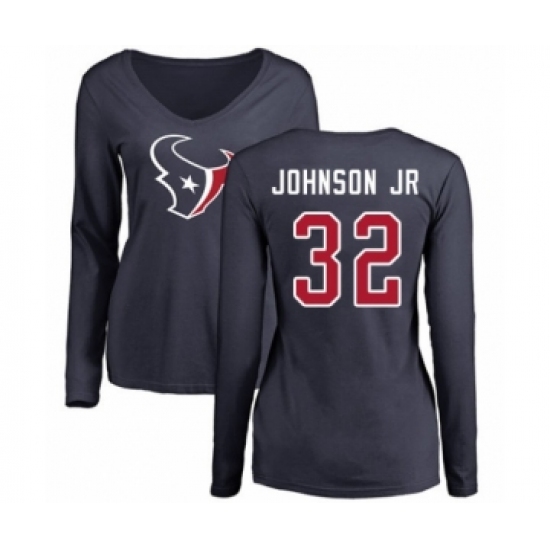 Football Women's Houston Texans #32 Lonnie Johnson Navy Blue Name & Number Logo Long Sleeve T-Shirt