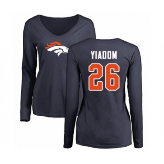 Football Women's Denver Broncos #26 Isaac Yiadom Navy Blue Name & Number Logo Long Sleeve T-Shirt