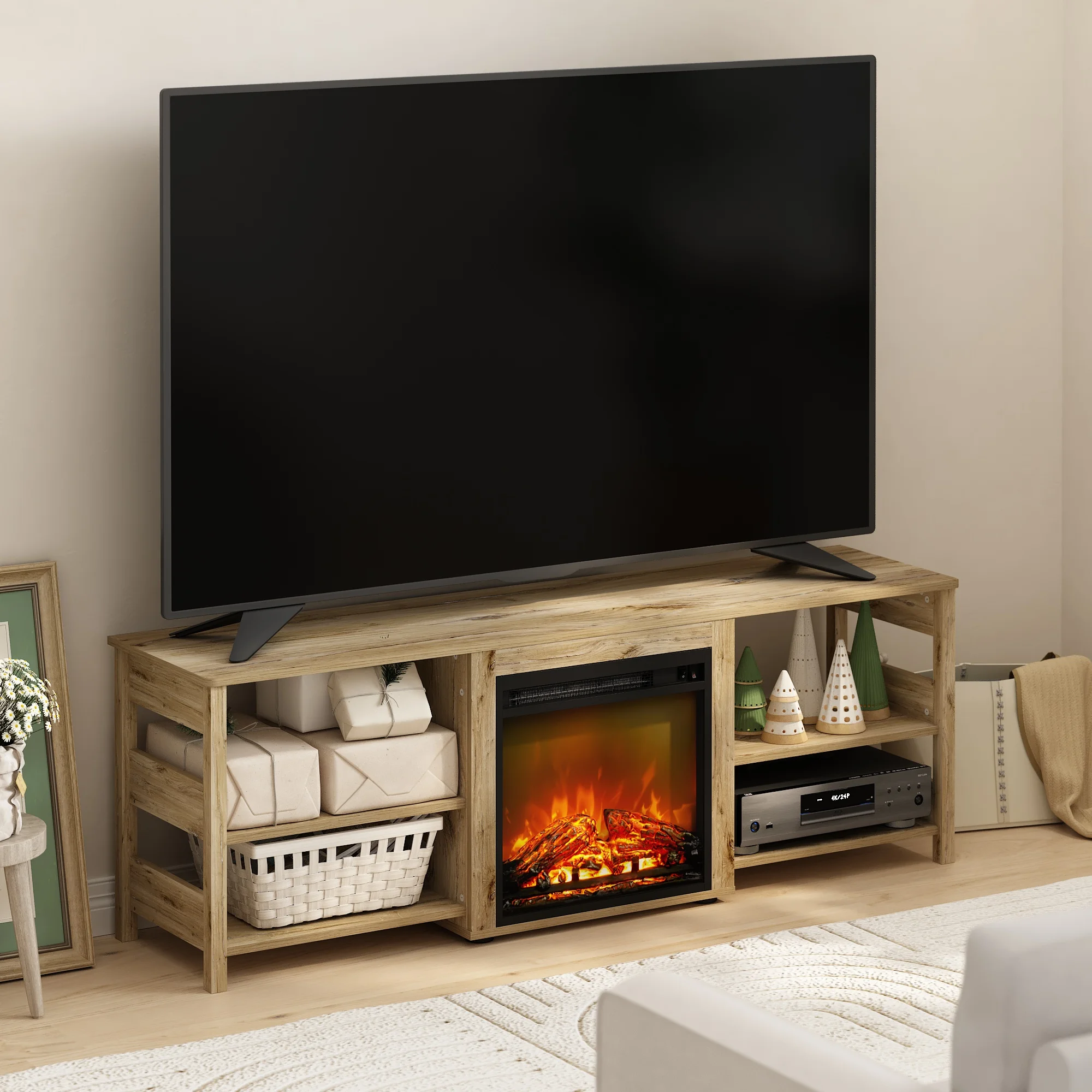 Furinno Classic 70 Inch TV Stand with Fireplace, Flagstaff Oak