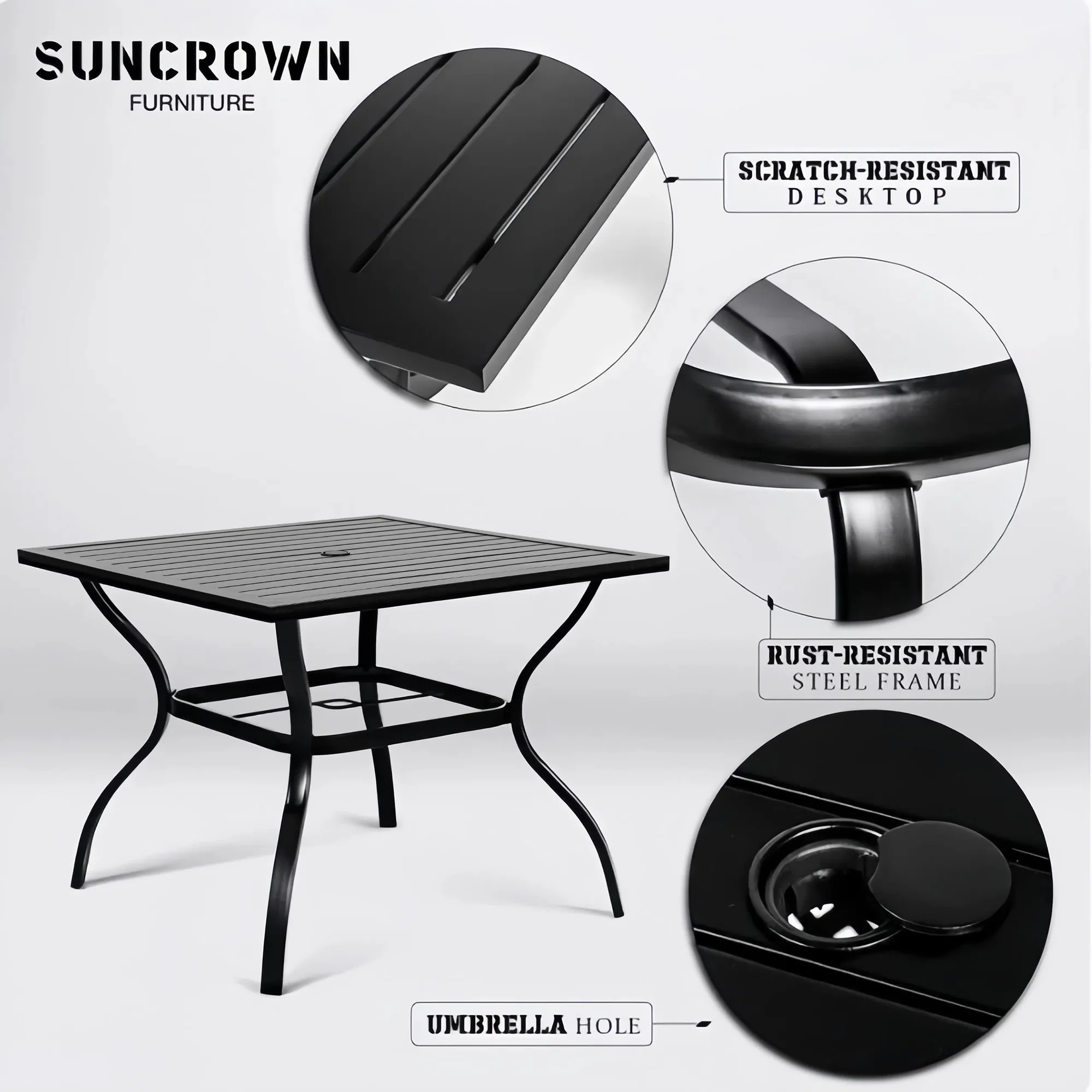 SUNCROWN 37  4 Seat Outdoor Dining Table  Patio  Metal Square Bistro Balcony Table with 1.57 Umbrella Hole, Black