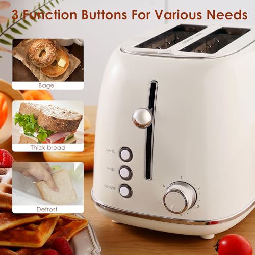 Roter Mond 2 Slice Toaster Retro Stainless Steel Toaster with Bagel, Cancel, Defrost Function and 6 Bread Shade Settings Bread Toaster, Extra Wide Slot and Removable Crumb Tray, ST028